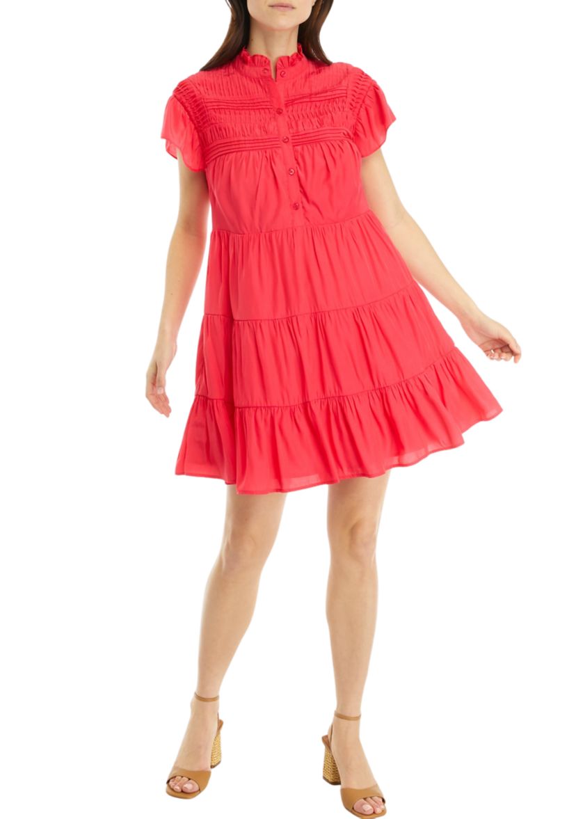 Womens Flutter Sleeve Pintuck Dress