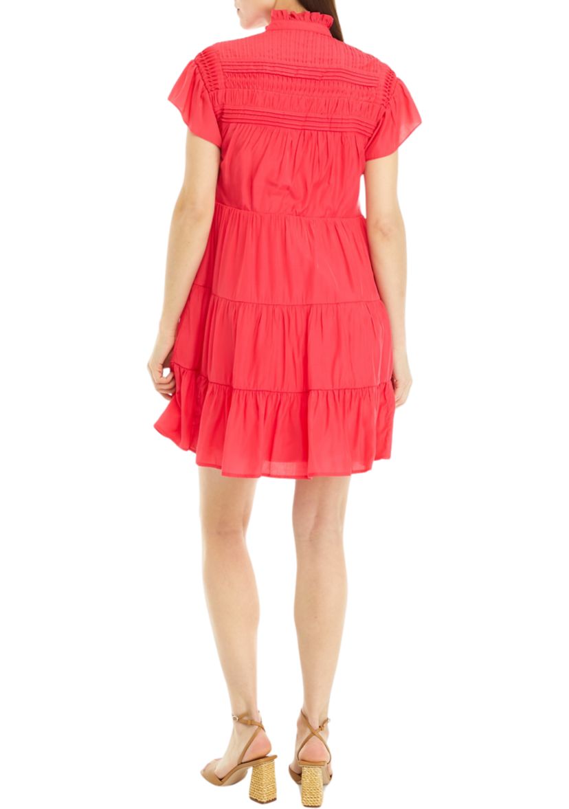 Womens Flutter Sleeve Pintuck Dress