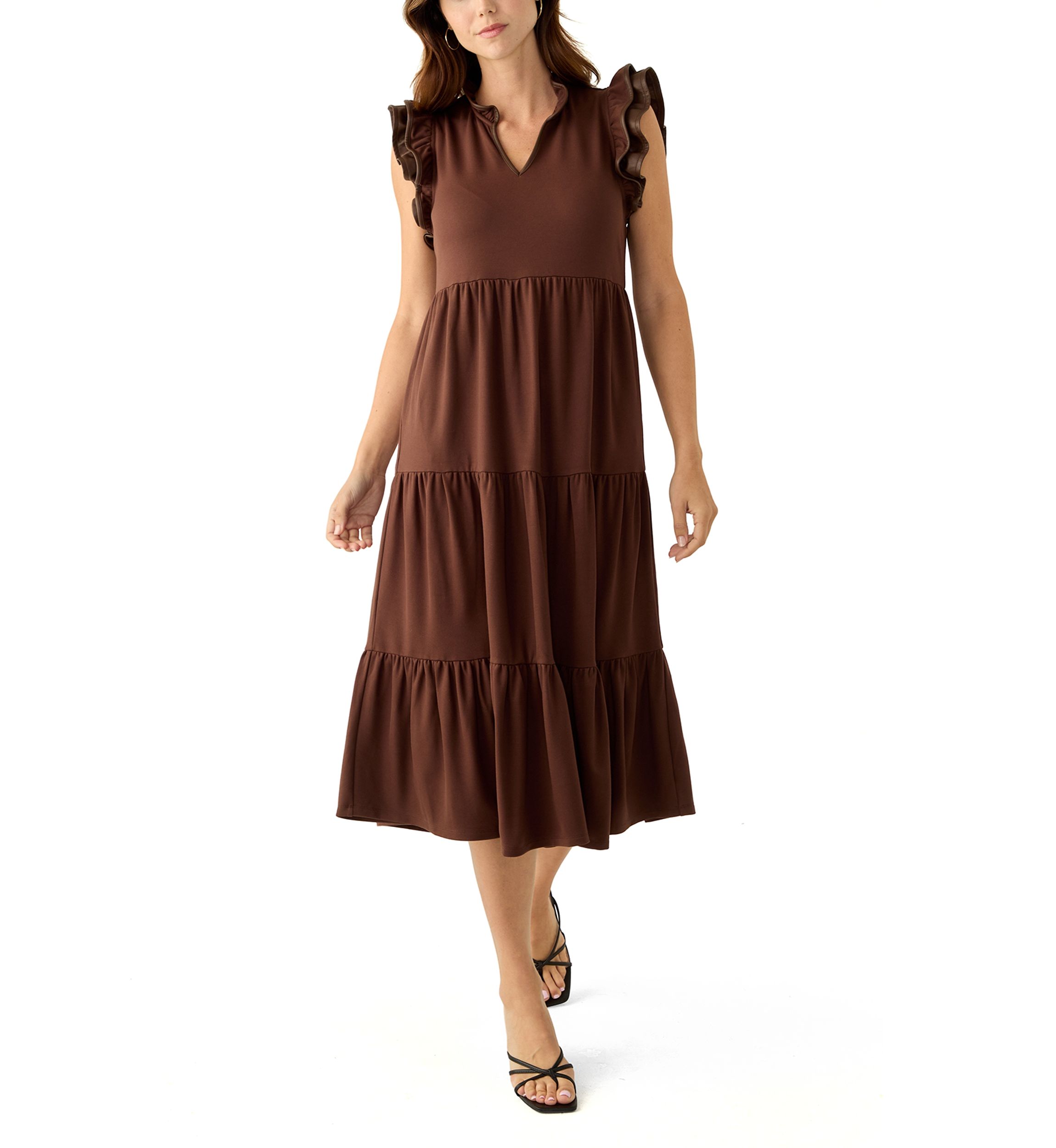 Womens Flutter Sleeve Ponte Pleather Midi Dress