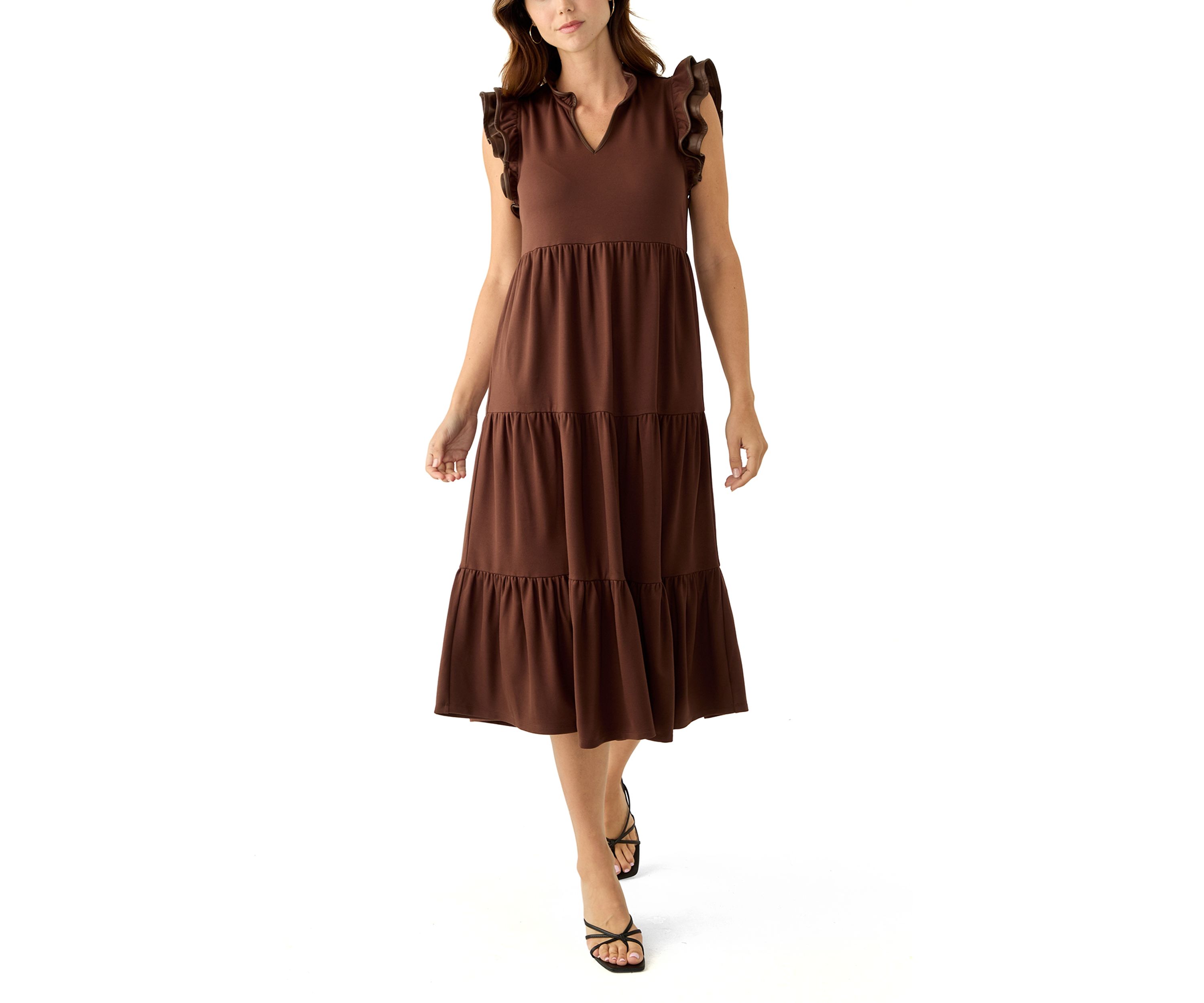 Womens Flutter Sleeve Ponte Pleather Midi Dress