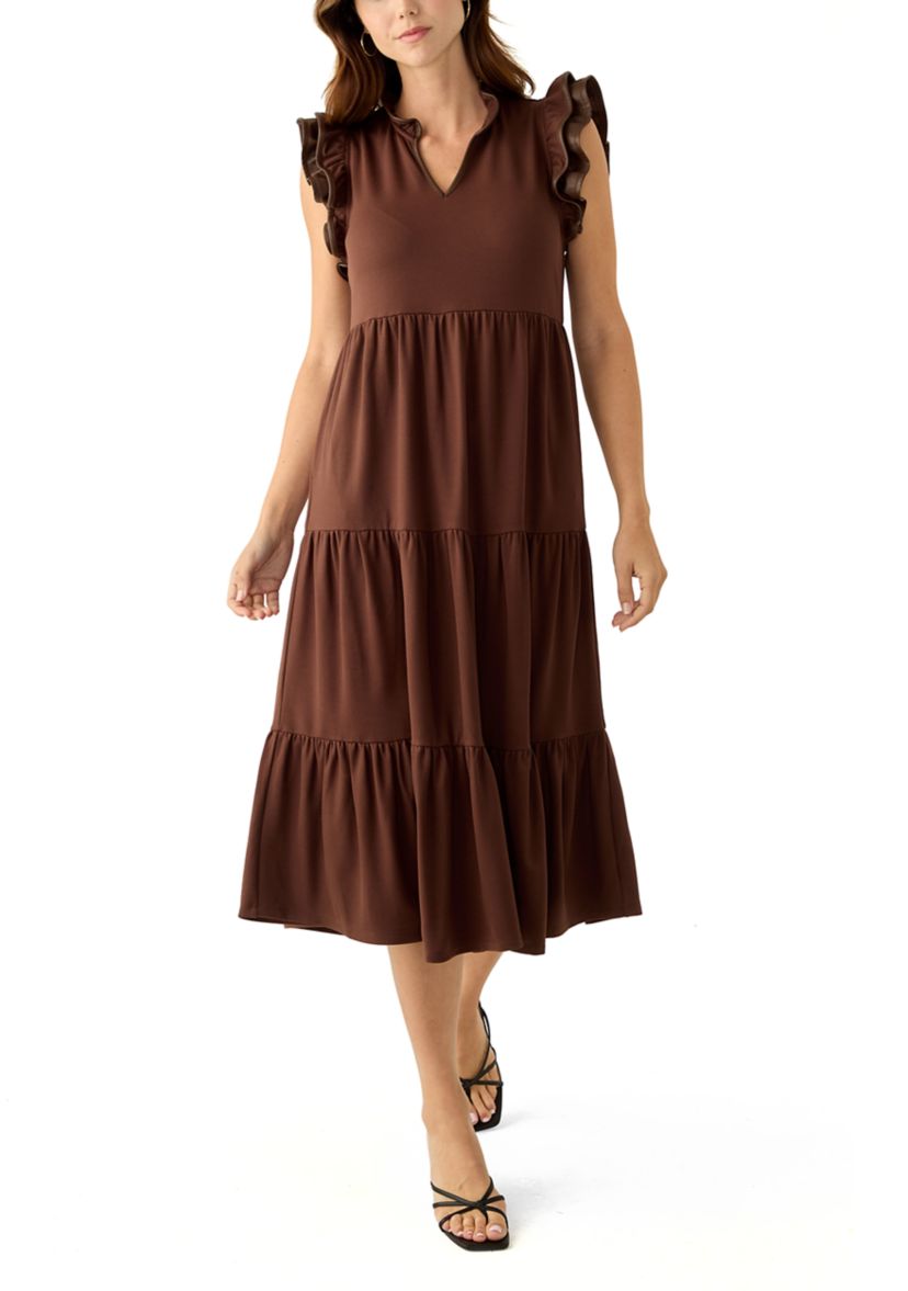 Womens Flutter Sleeve Ponte Pleather Midi Dress