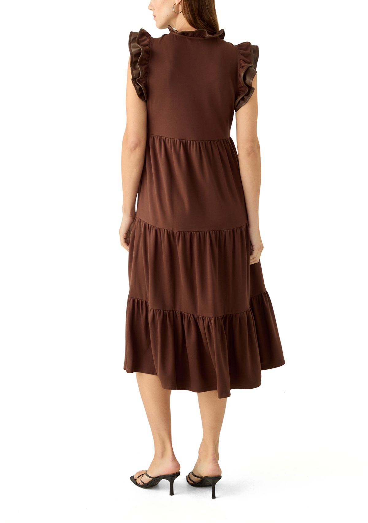 Womens Flutter Sleeve Ponte Pleather Midi Dress