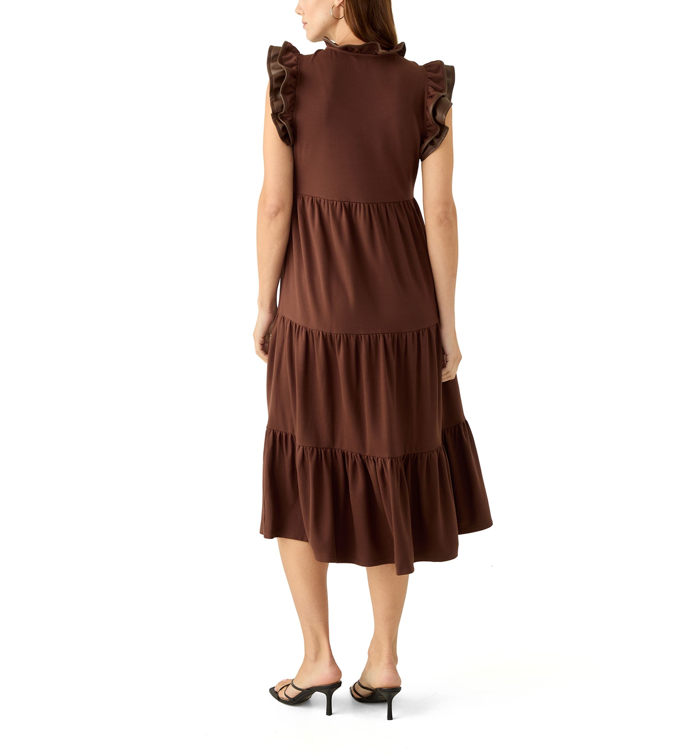 Womens Flutter Sleeve Ponte Pleather Midi Dress