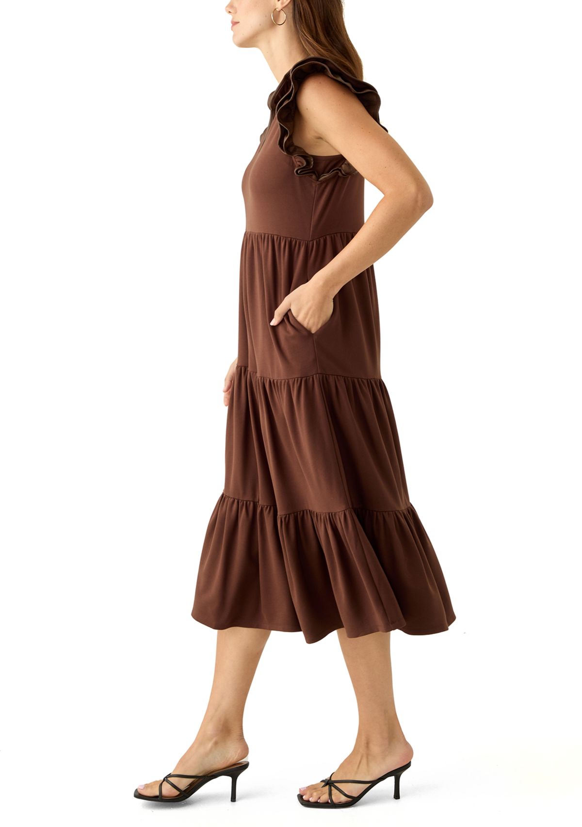 Womens Flutter Sleeve Ponte Pleather Midi Dress