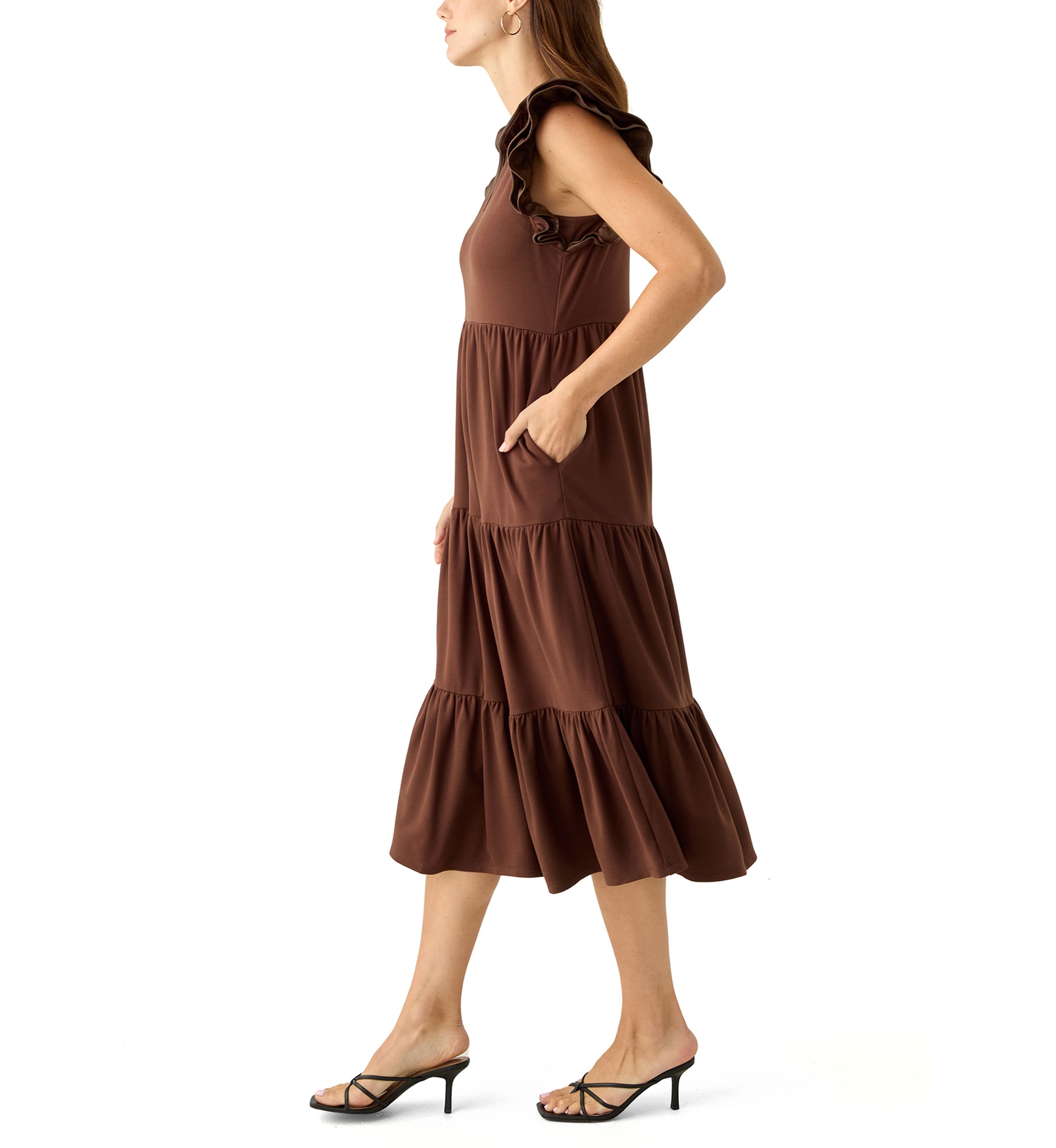 Womens Flutter Sleeve Ponte Pleather Midi Dress