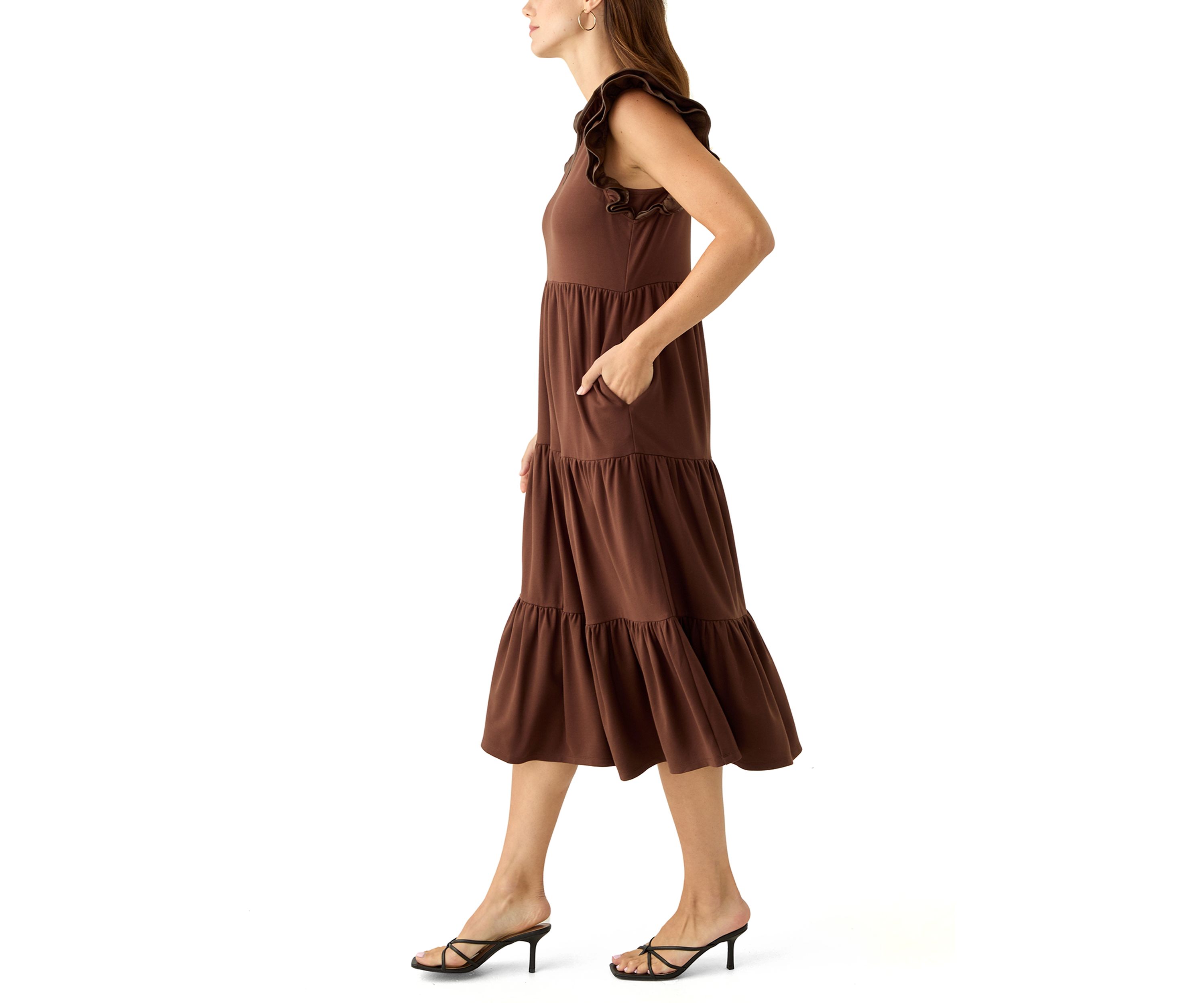 Womens Flutter Sleeve Ponte Pleather Midi Dress