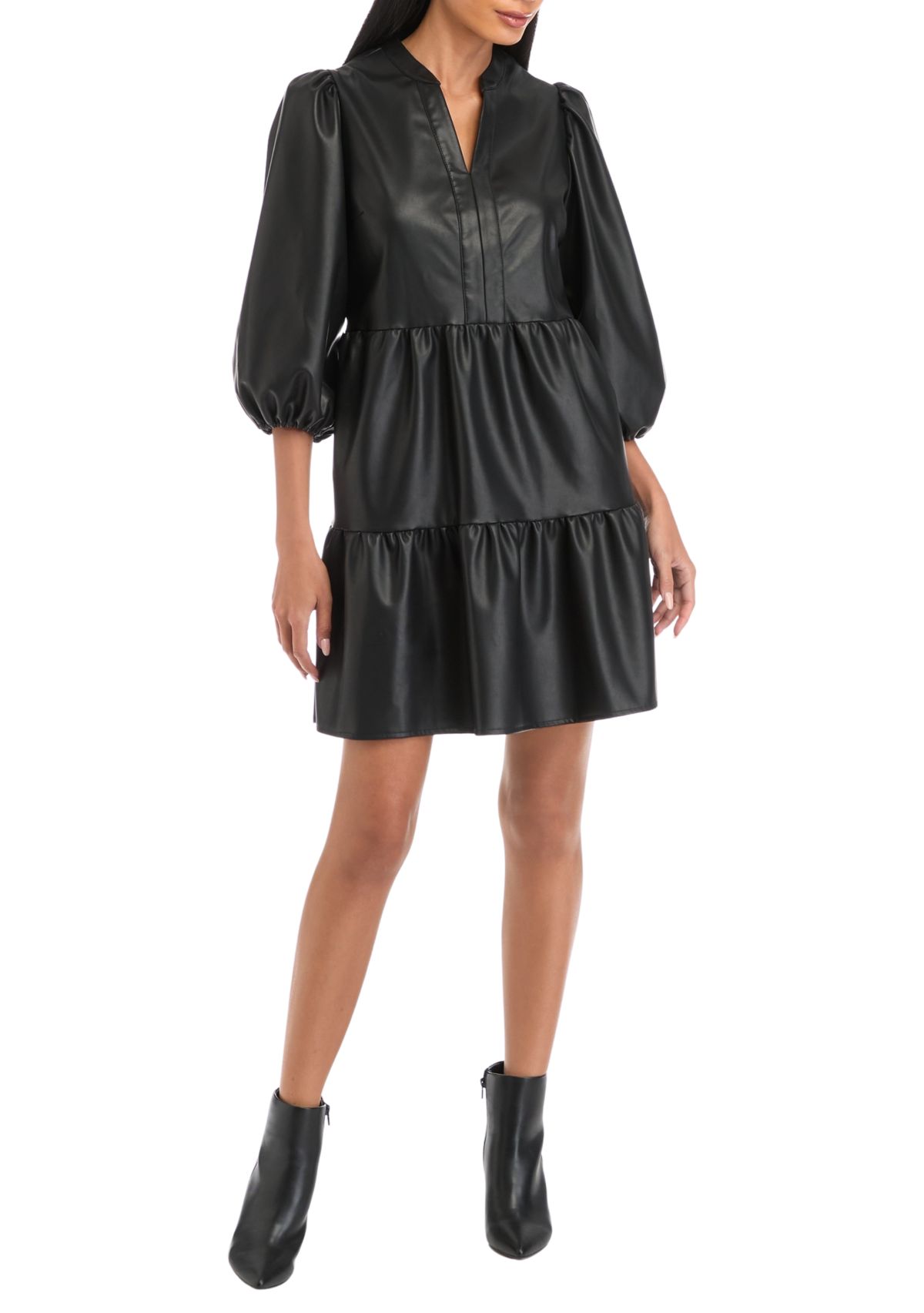 Womens 3/4 Puff Sleeve Vegan Leather Dress