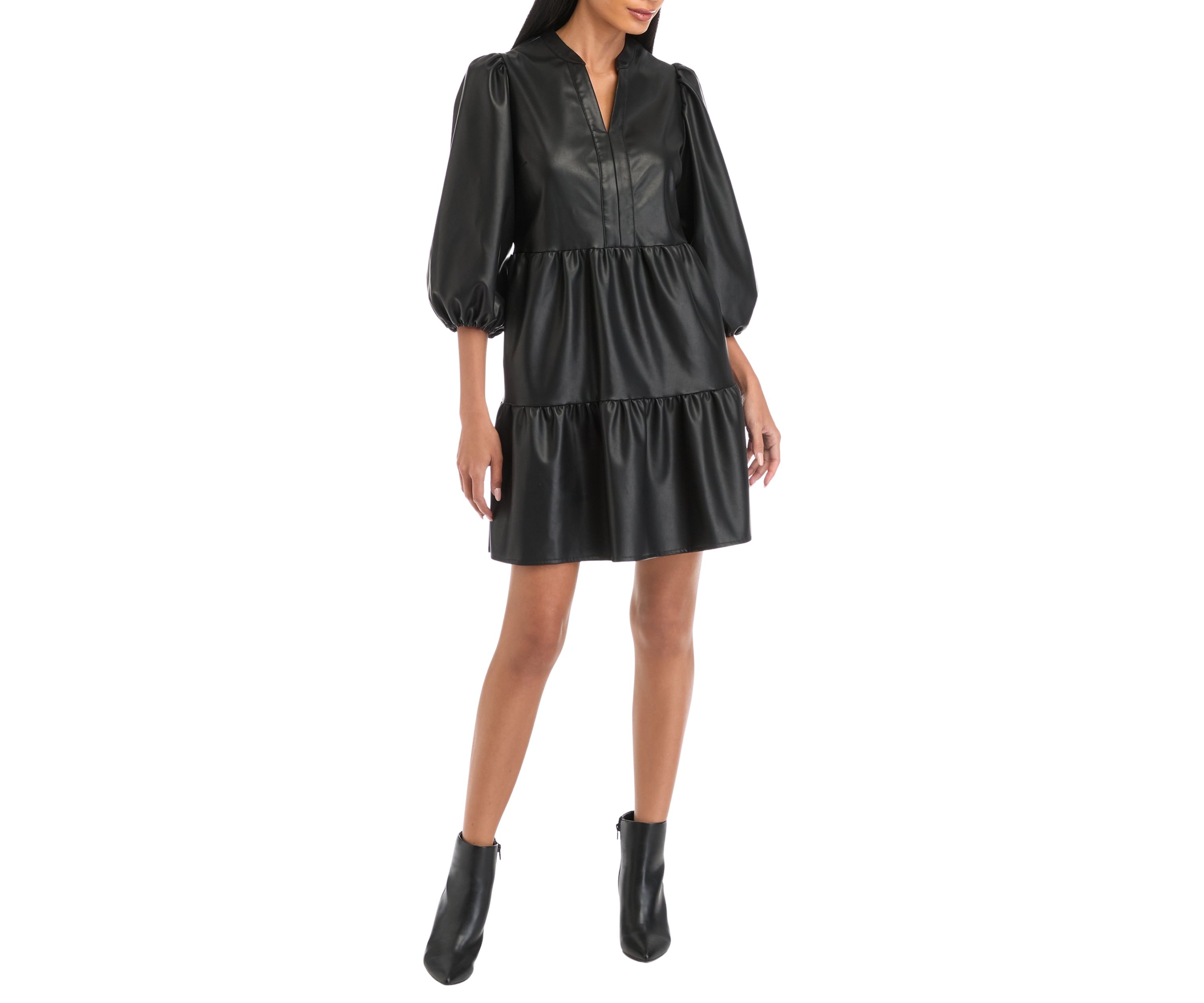 Womens 3/4 Puff Sleeve Vegan Leather Dress
