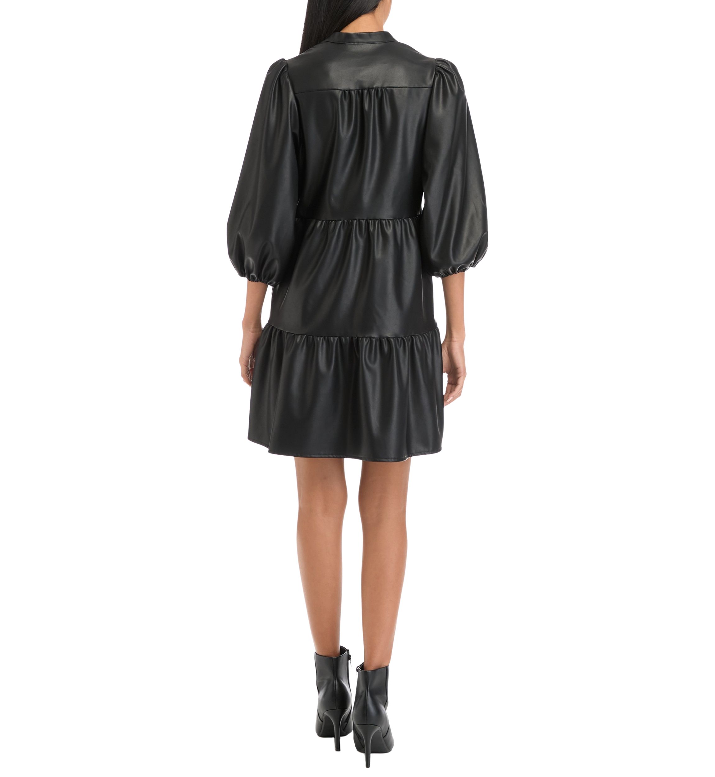 Womens 3/4 Puff Sleeve Vegan Leather Dress