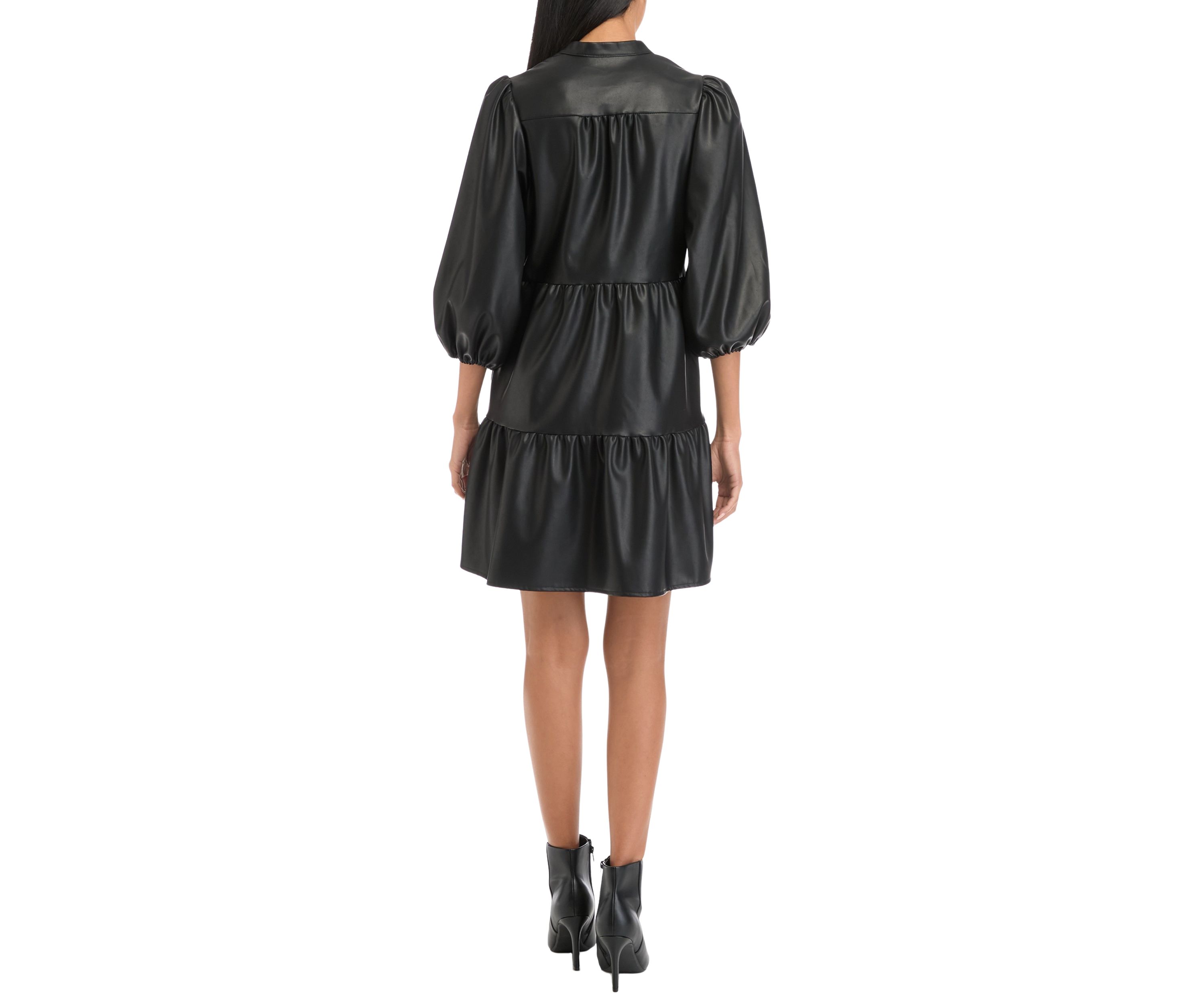 Womens 3/4 Puff Sleeve Vegan Leather Dress
