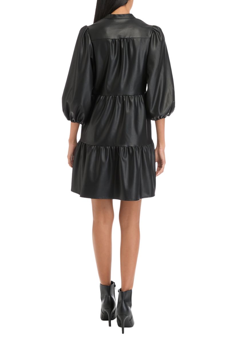 Womens 3/4 Puff Sleeve Vegan Leather Dress
