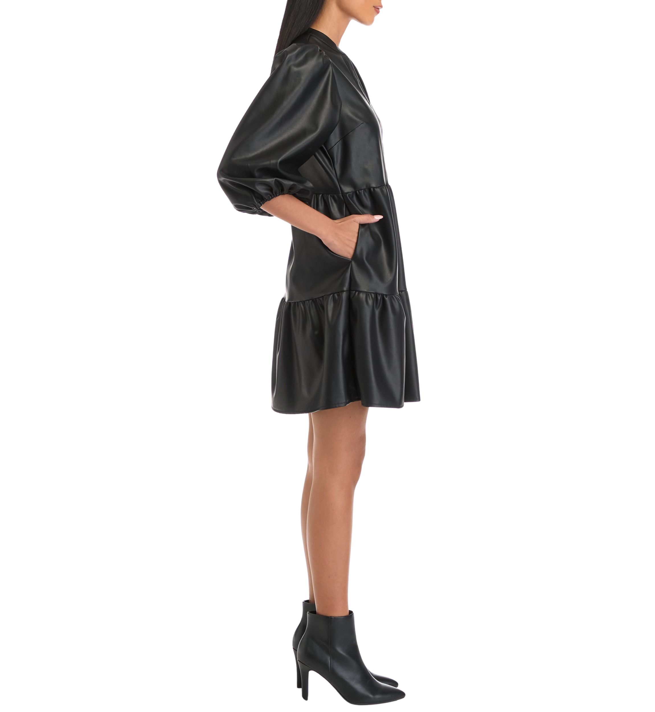 Womens 3/4 Puff Sleeve Vegan Leather Dress