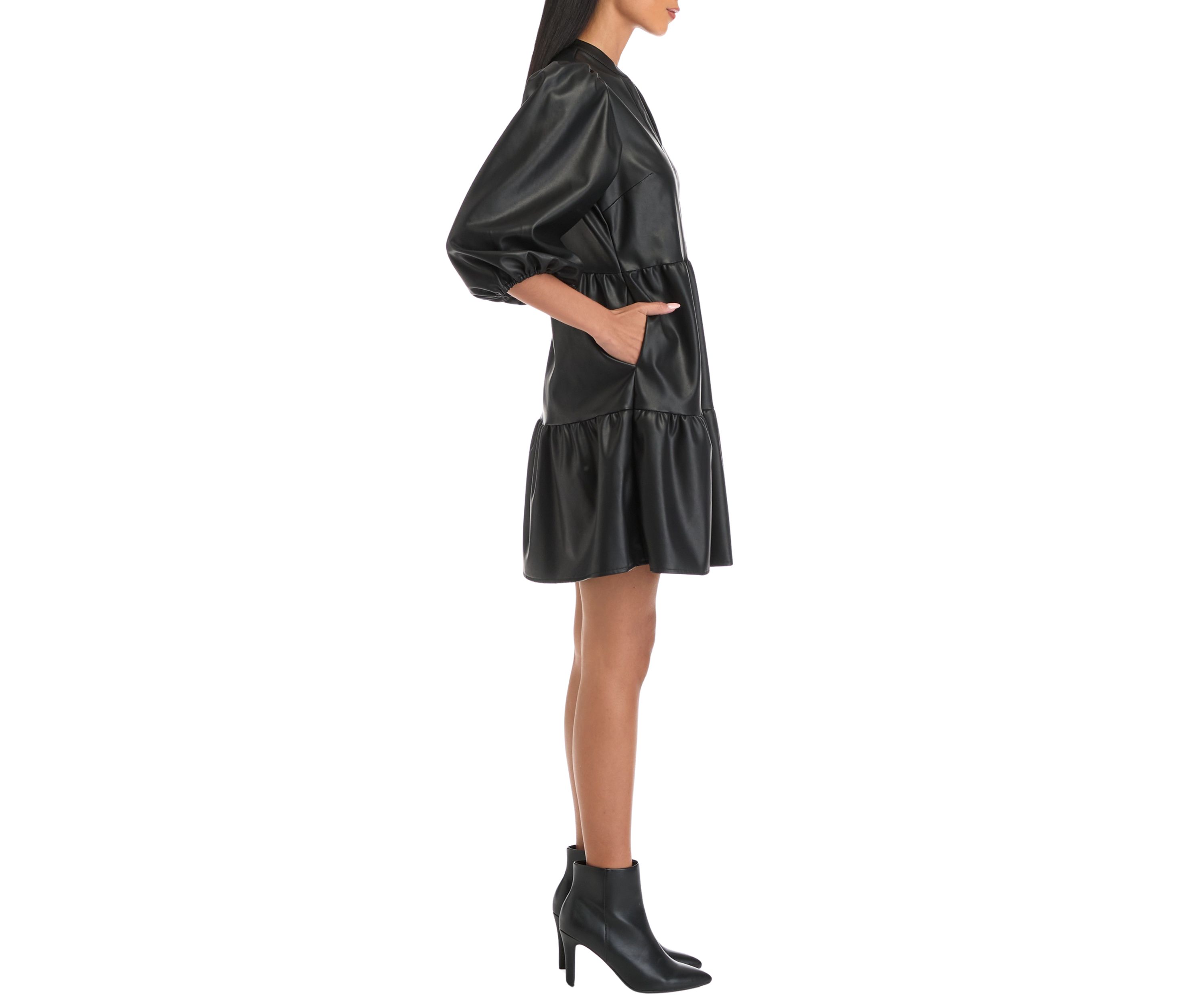 Womens 3/4 Puff Sleeve Vegan Leather Dress