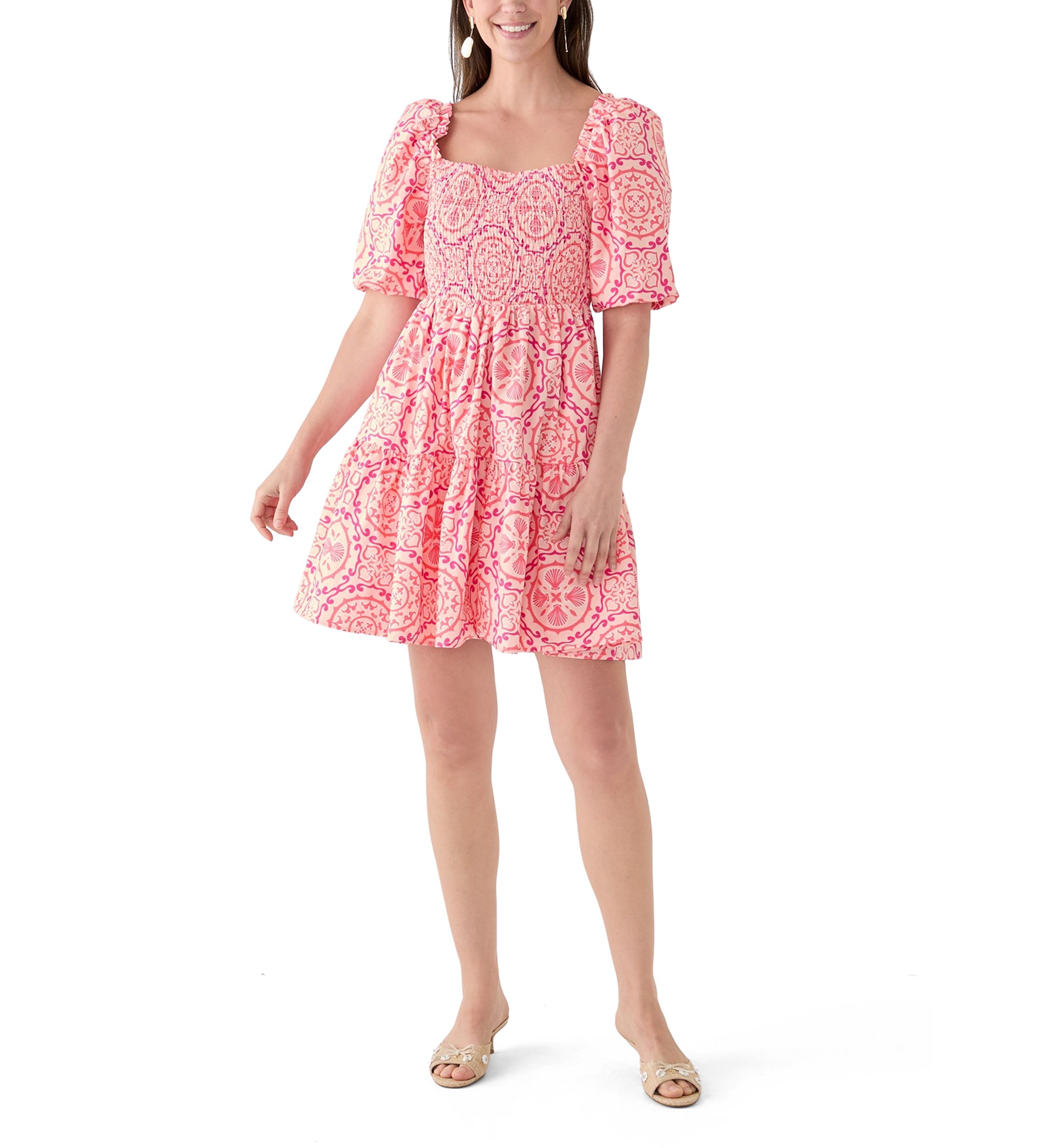 Womens Puff Sleeve Smocked Short Dress 