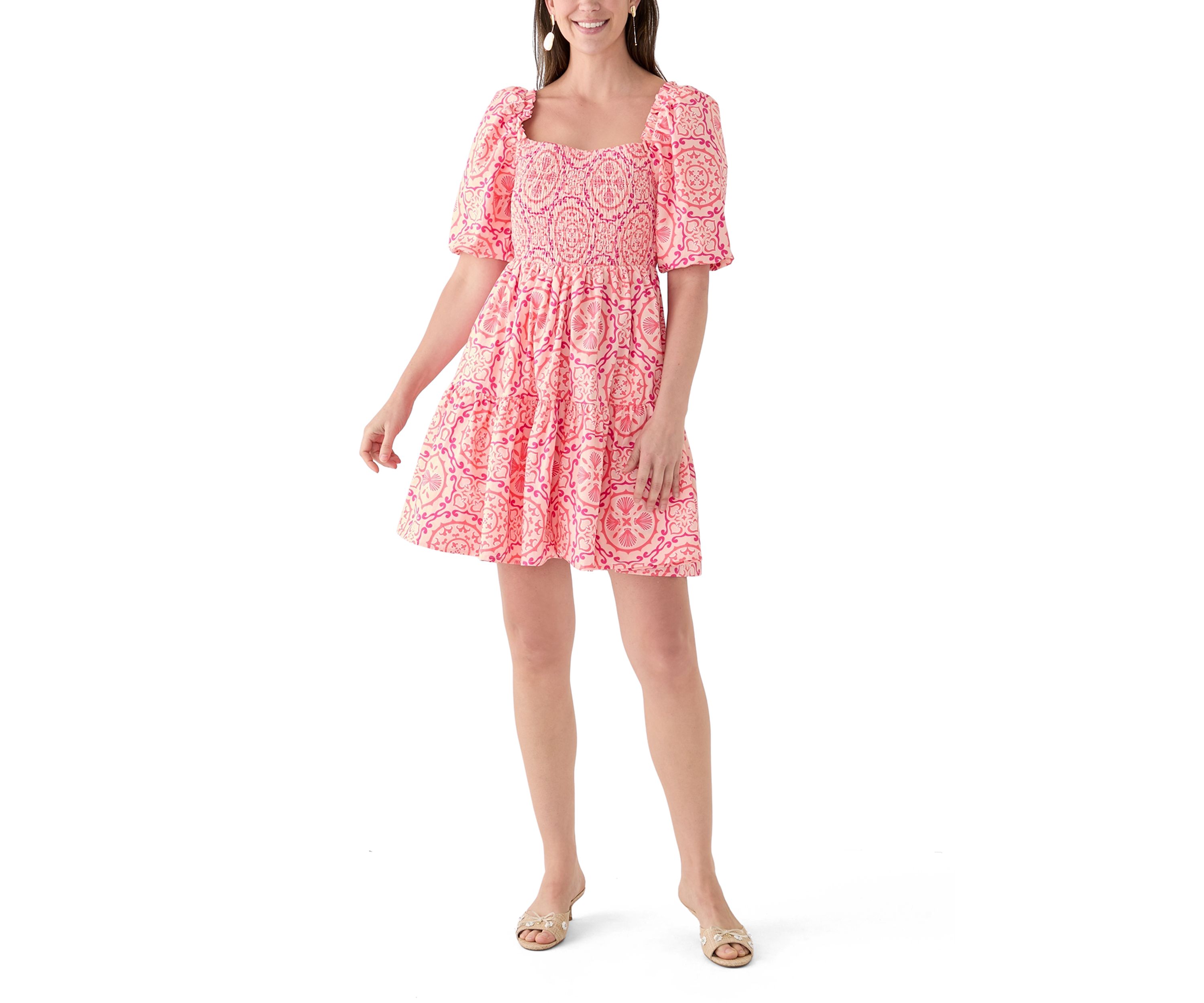 Womens Puff Sleeve Smocked Short Dress 