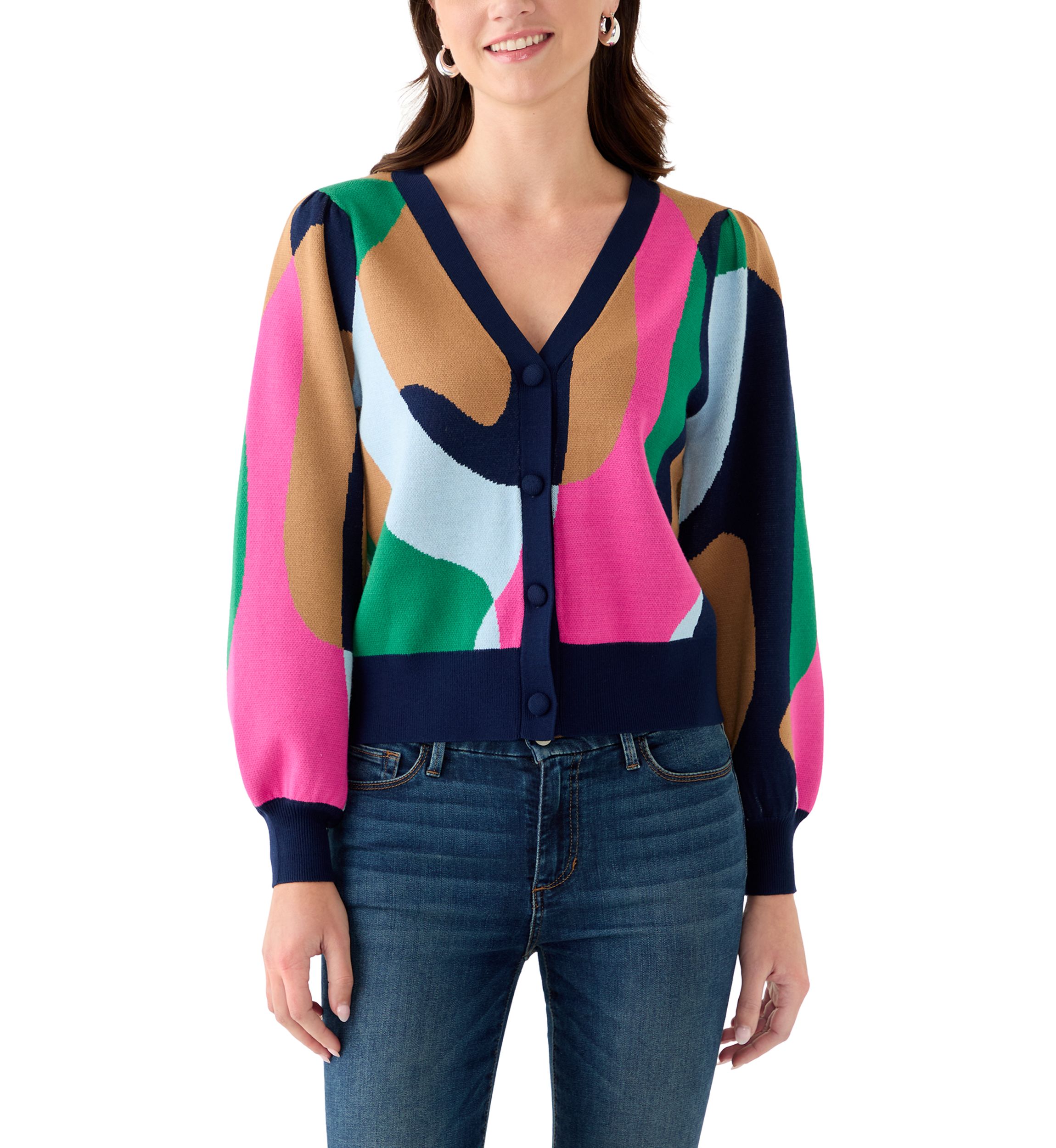 Womens Intarsia Knit Cropped Cardigan