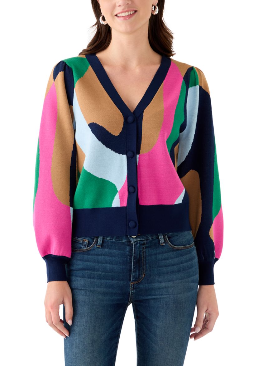 Womens Intarsia Knit Cropped Cardigan