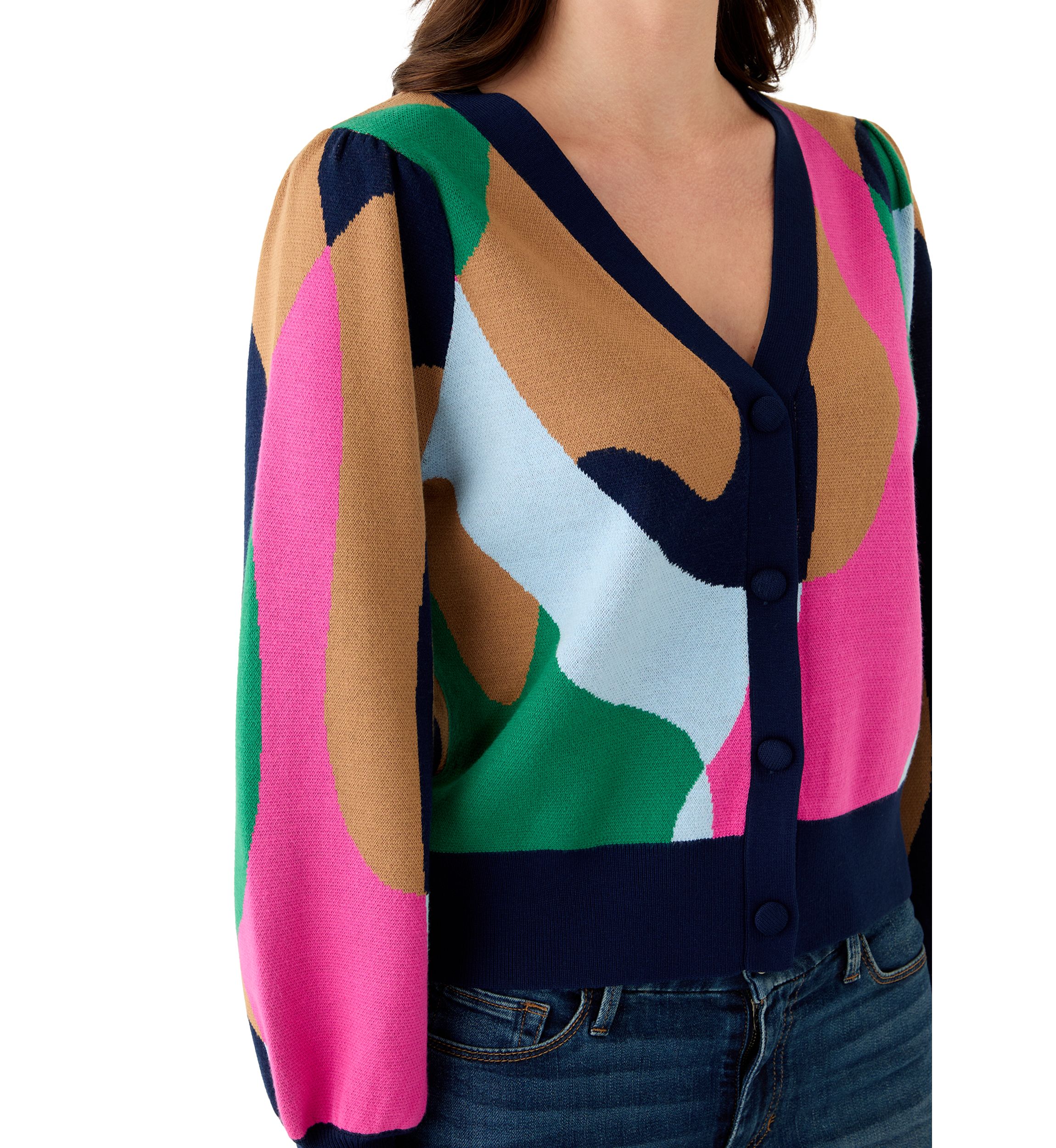 Womens Intarsia Knit Cropped Cardigan