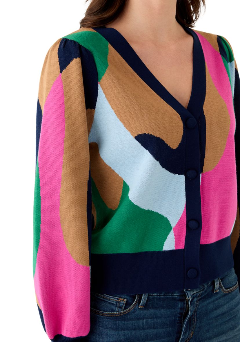 Womens Intarsia Knit Cropped Cardigan