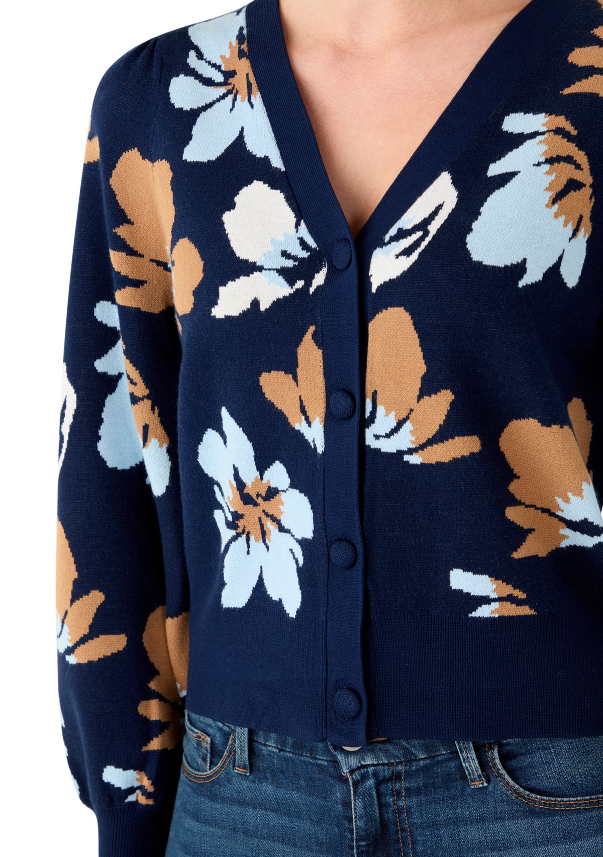 Womens Intarsia Knit Cropped Cardigan