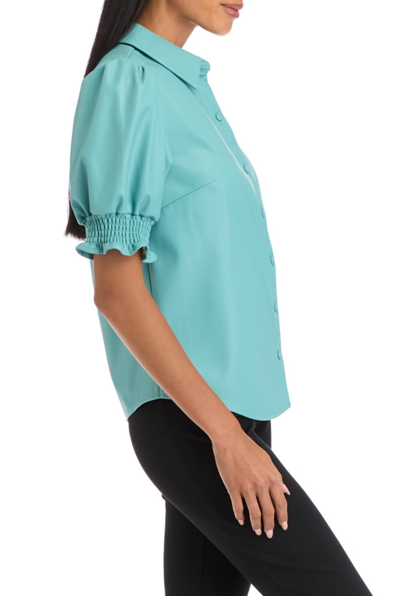 Petite Puff Sleeve Vegan Leather Top