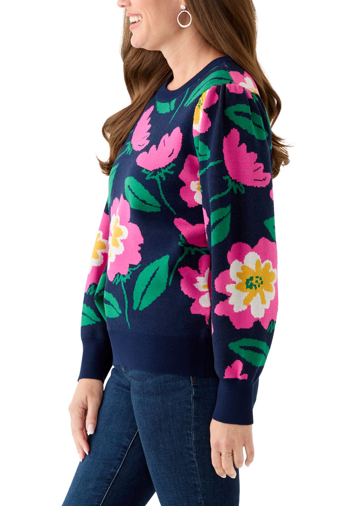 Petite Puff Sleeve Intarsia Sweater
