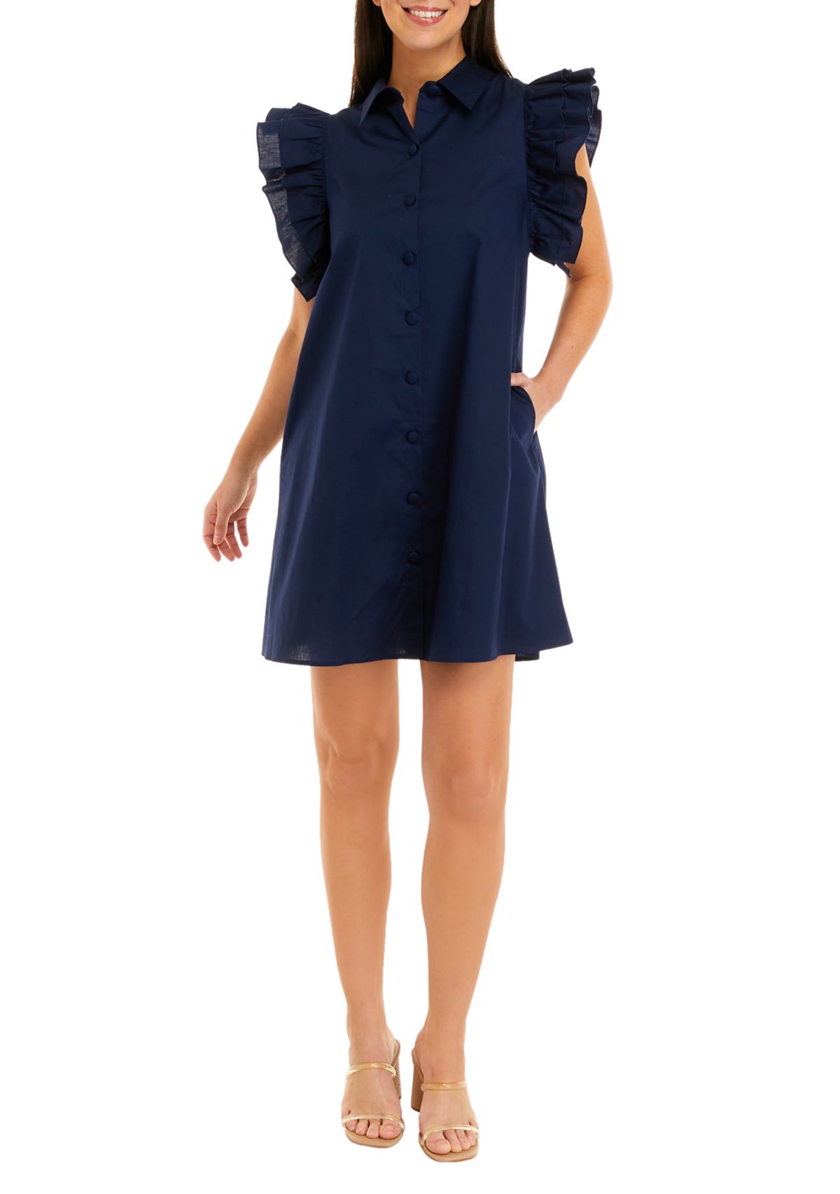 Petite Ruffle Sleeve Poplin Shirt Dress