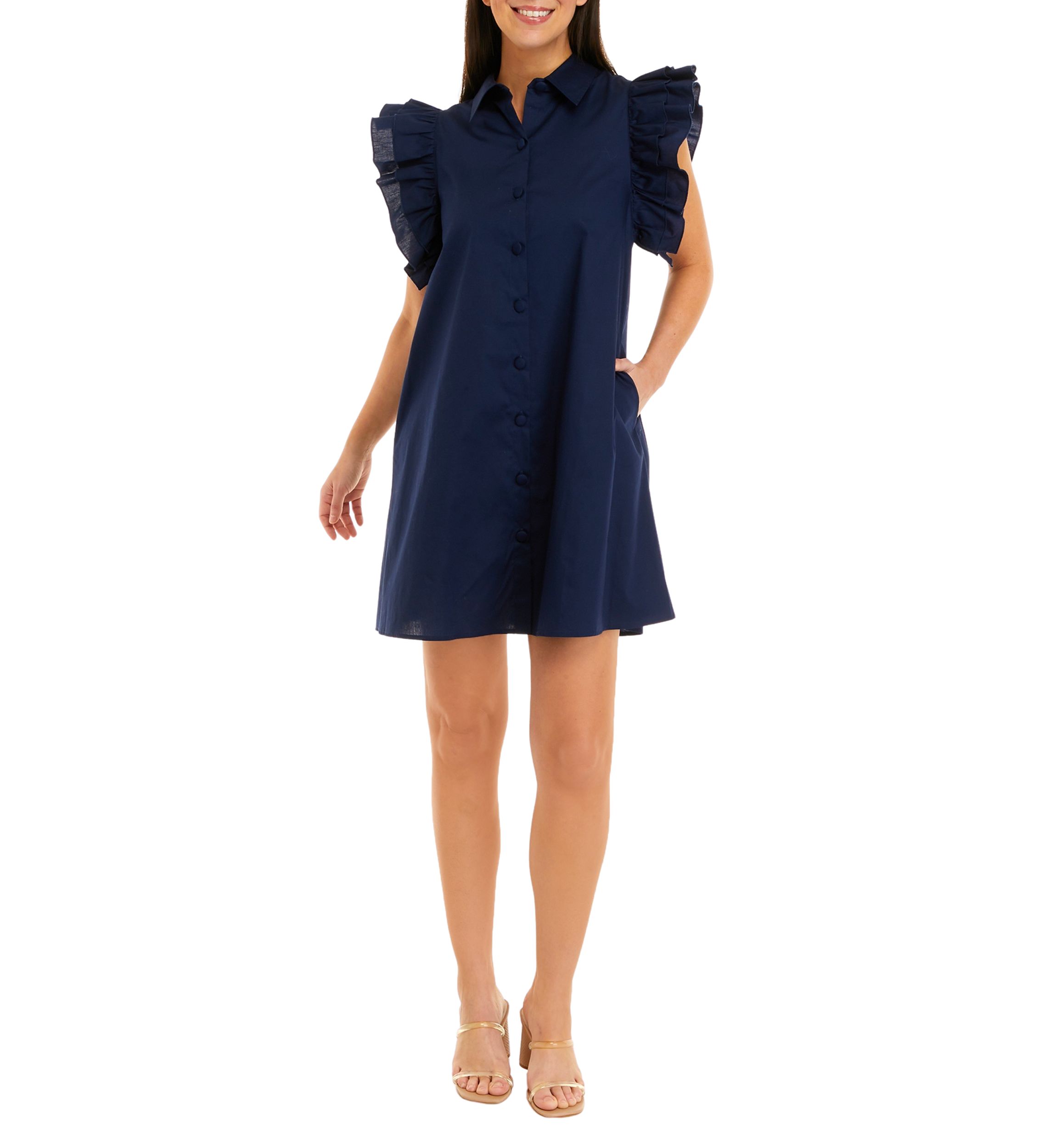Petite Ruffle Sleeve Poplin Shirt Dress