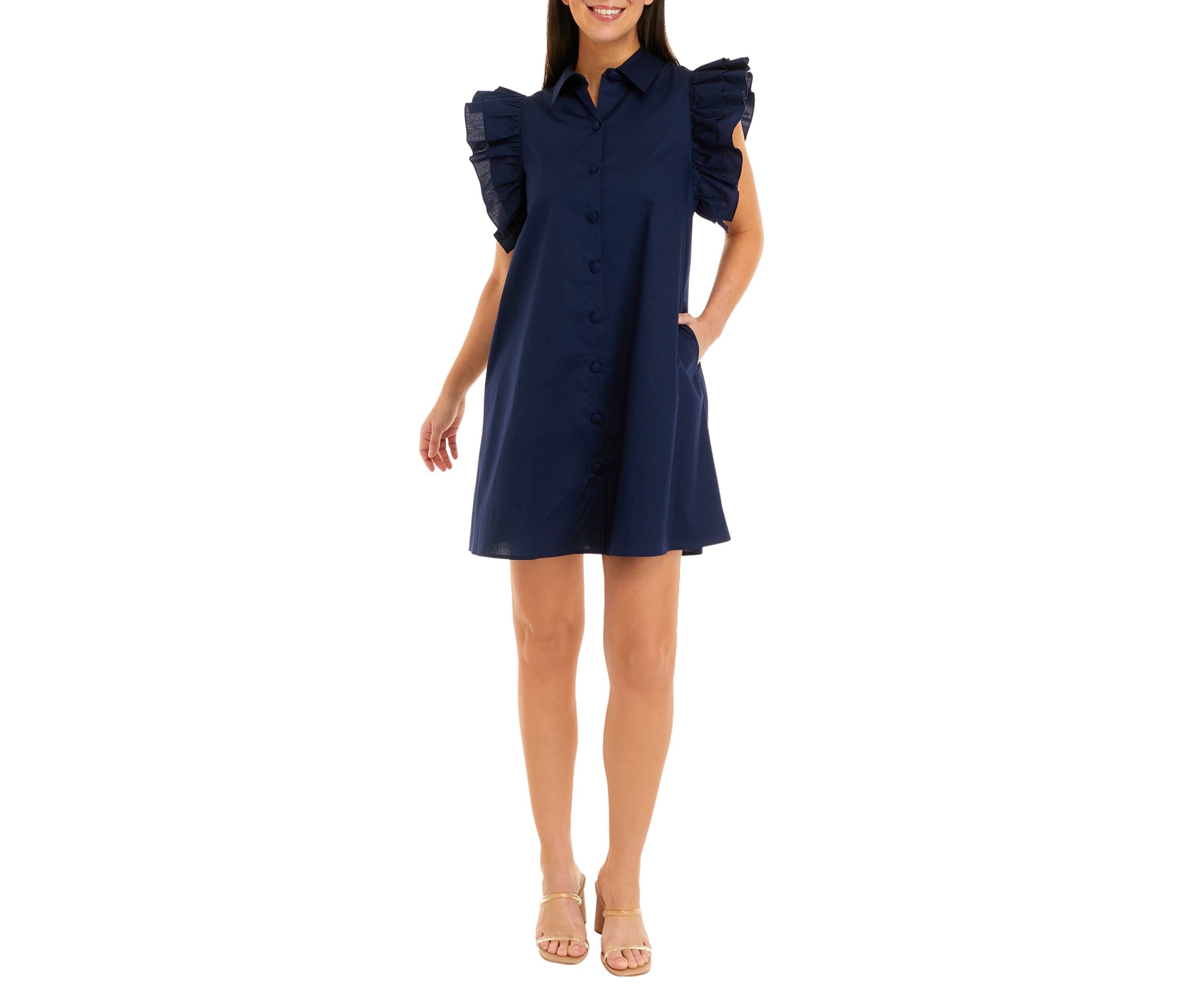 Petite Ruffle Sleeve Poplin Shirt Dress