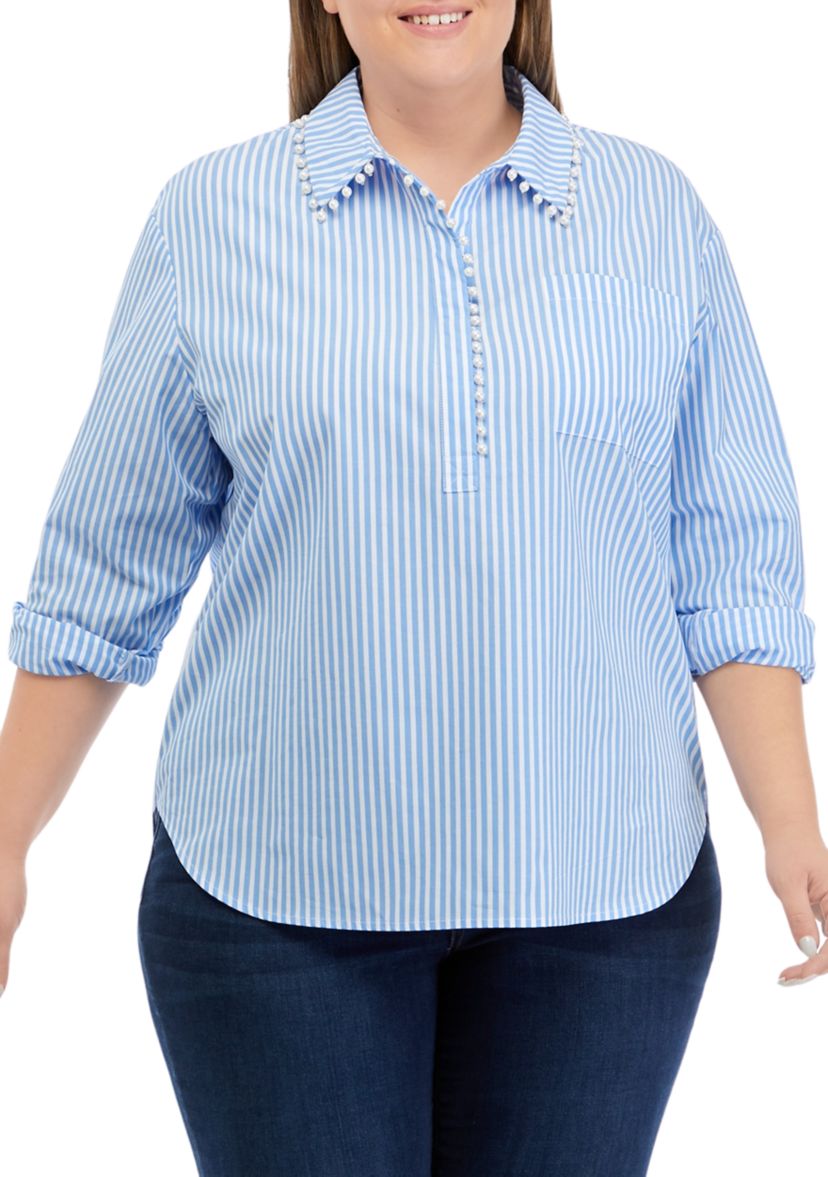 Plus Size Pearl Trim Woven Popover Top