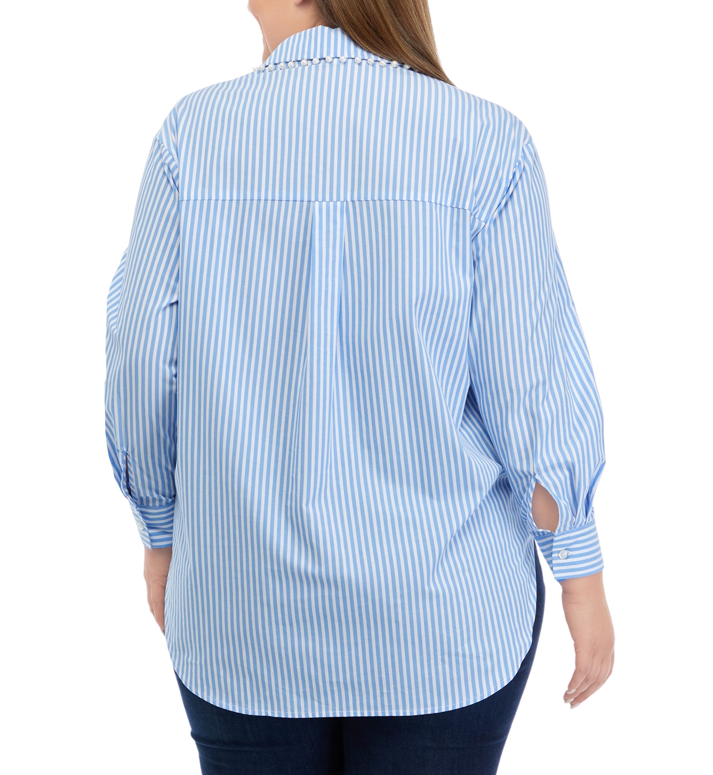 Plus Size Pearl Trim Woven Popover Top