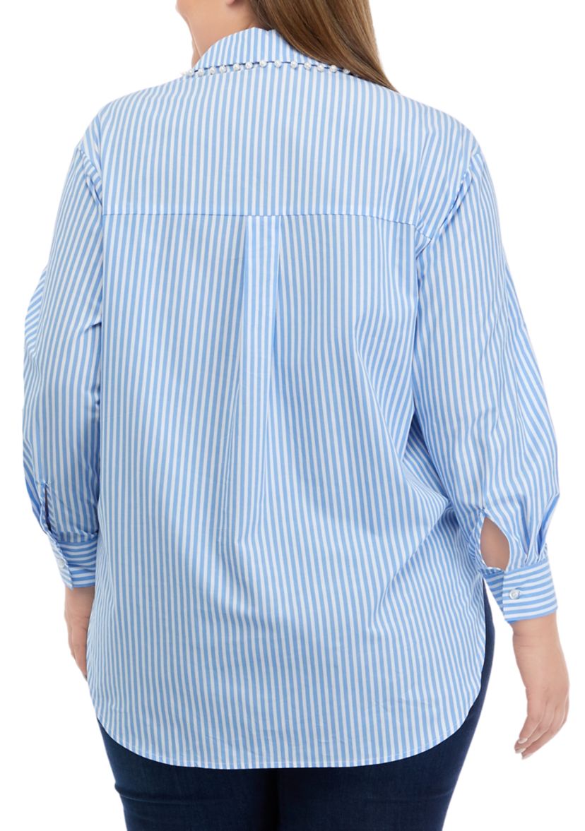 Plus Size Pearl Trim Woven Popover Top