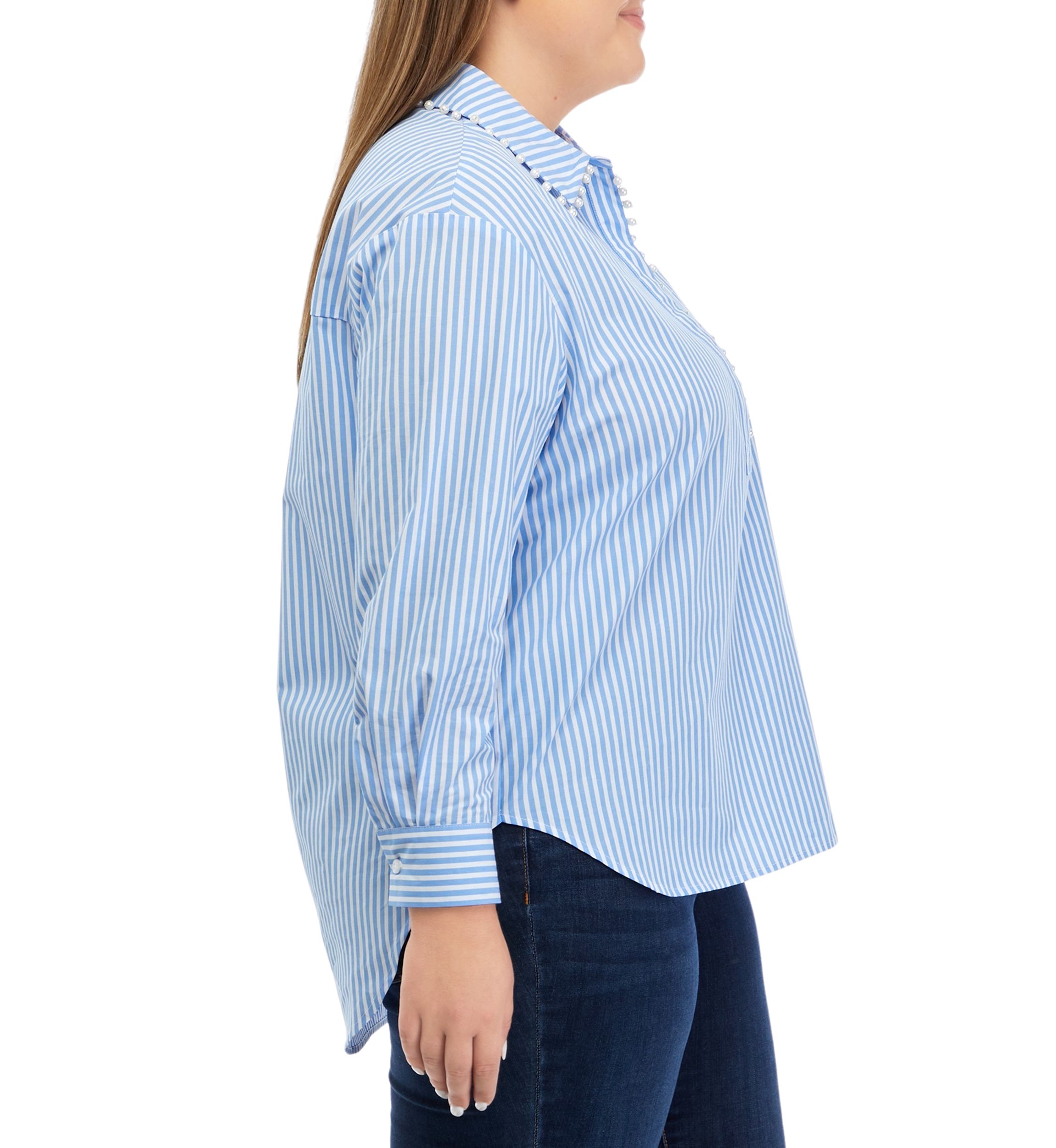 Plus Size Pearl Trim Woven Popover Top