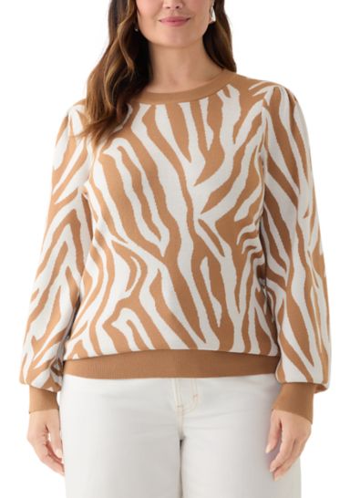 Plus Size Puff Sleeve Intarsia Sweater