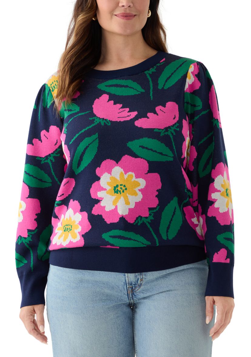 Plus Size Puff Sleeve Intarsia Sweater