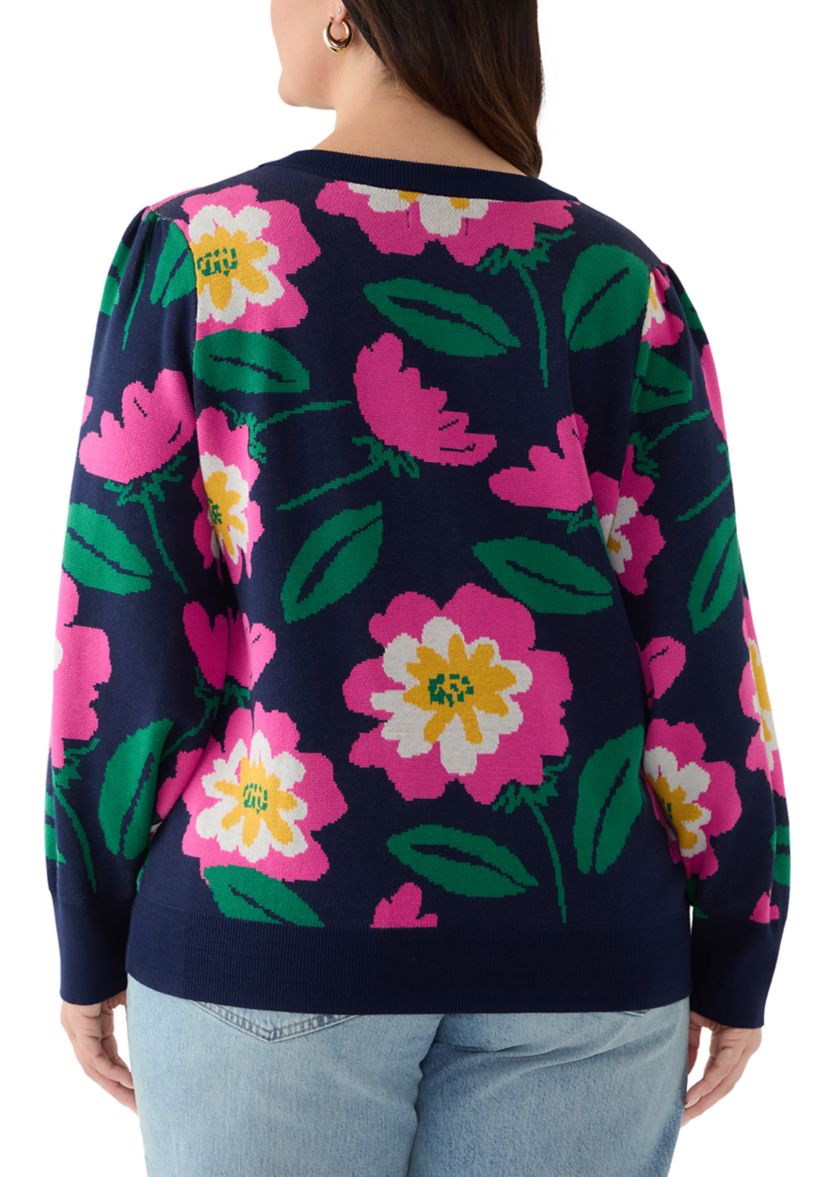 Plus Size Puff Sleeve Intarsia Sweater