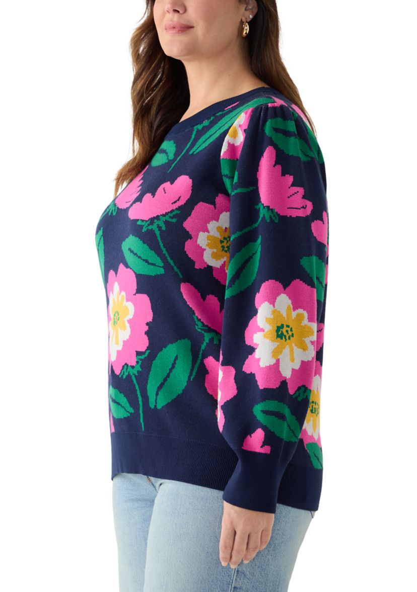 Plus Size Puff Sleeve Intarsia Sweater