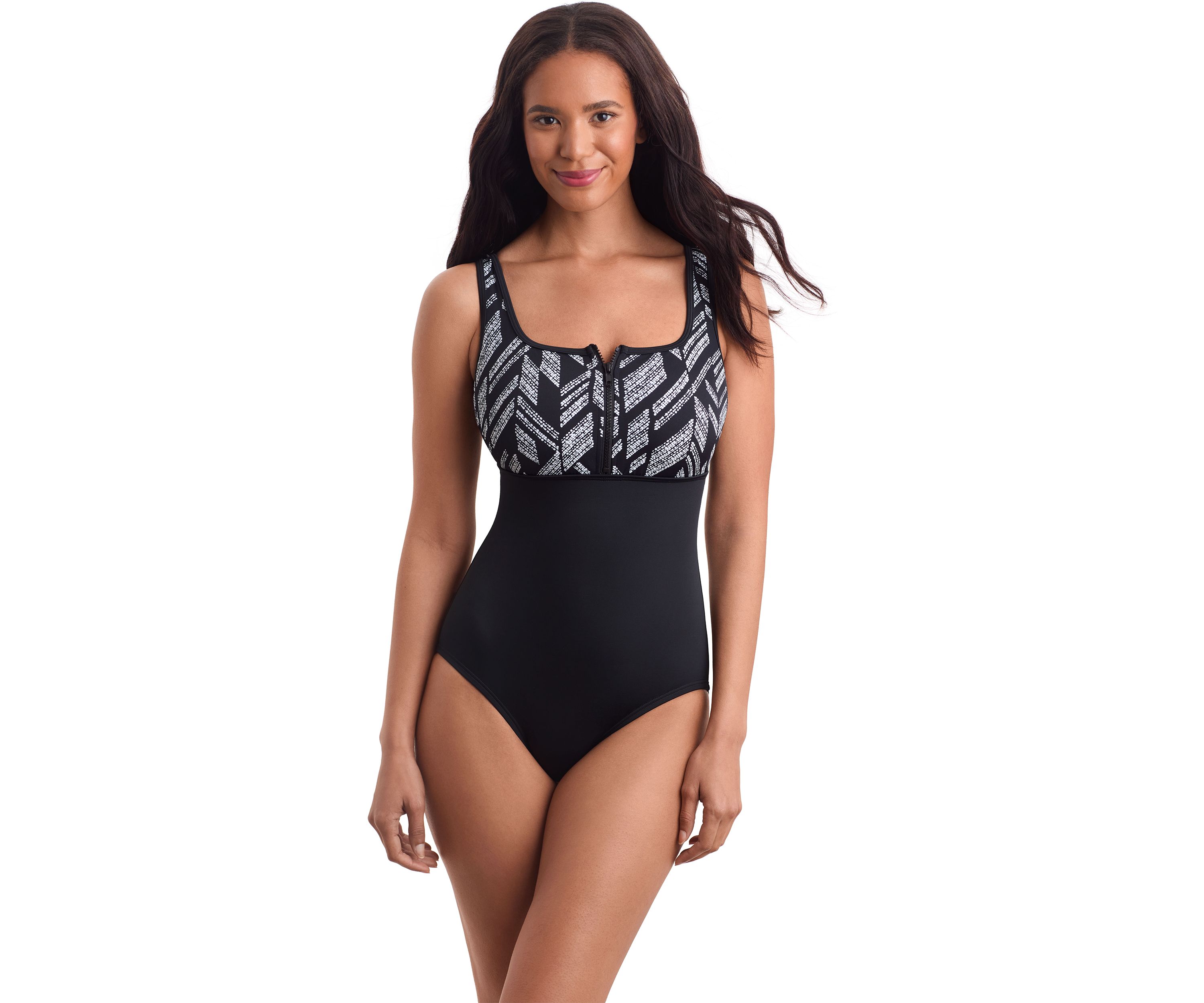 Glazed Skin Scoopneck Zipper Tank One Piece Swimsuit