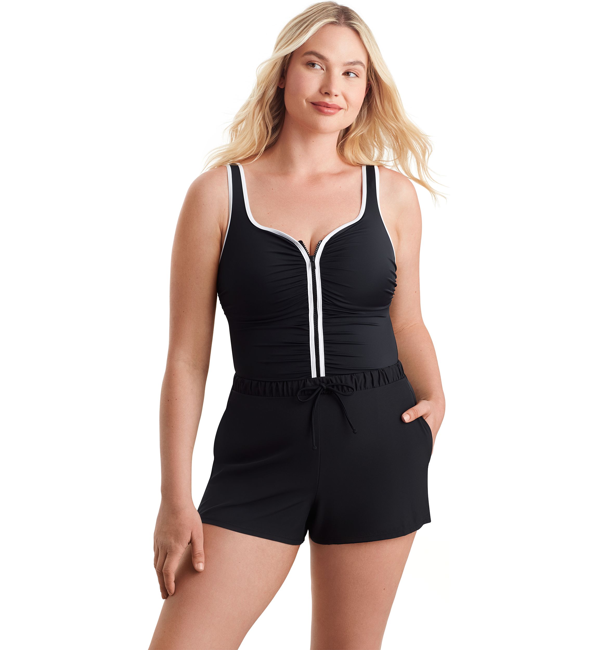 Shirred Zipper Runaround One Piece Swimsuit 