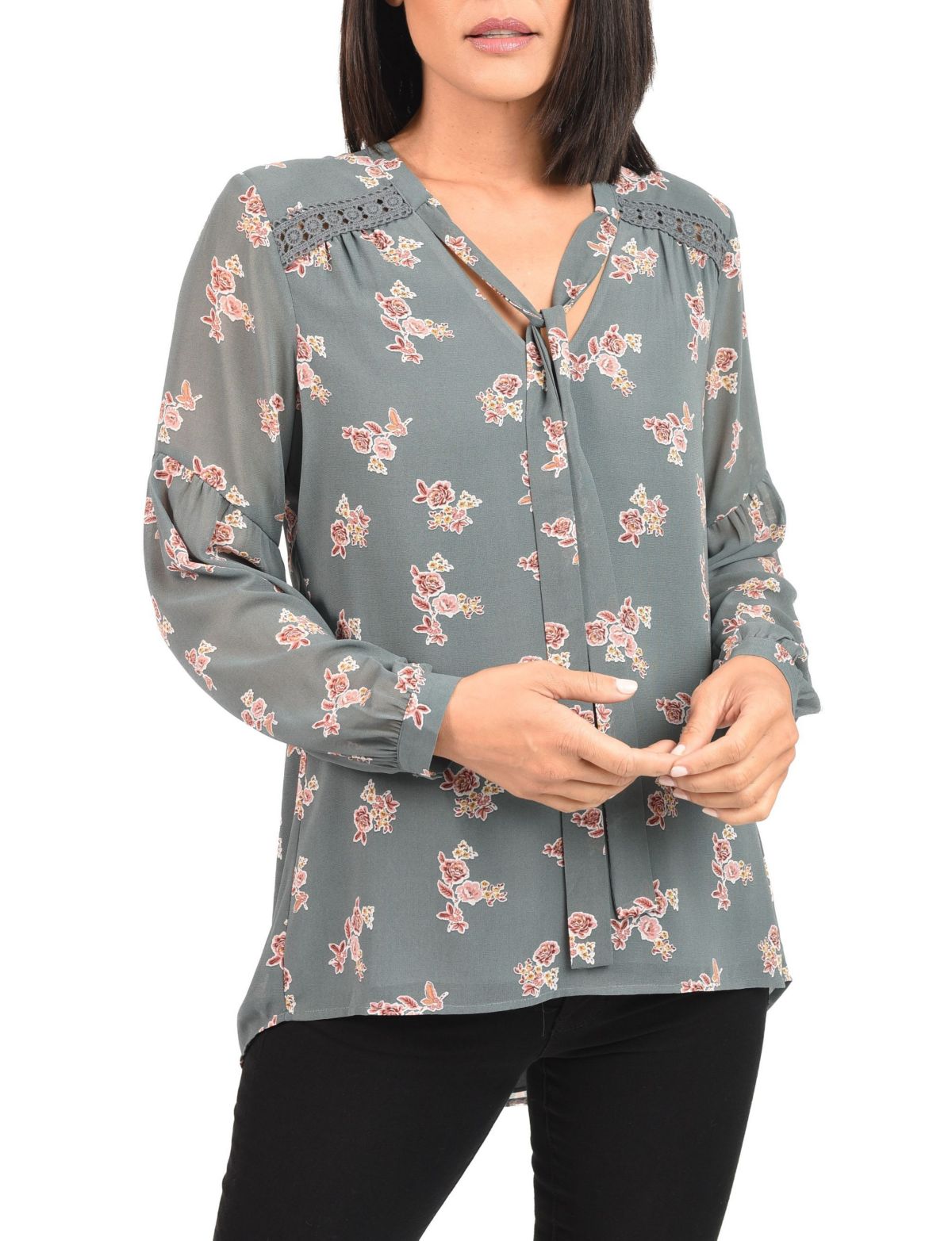 Long Sleeve Top Blouse with Bow-Tie Neck