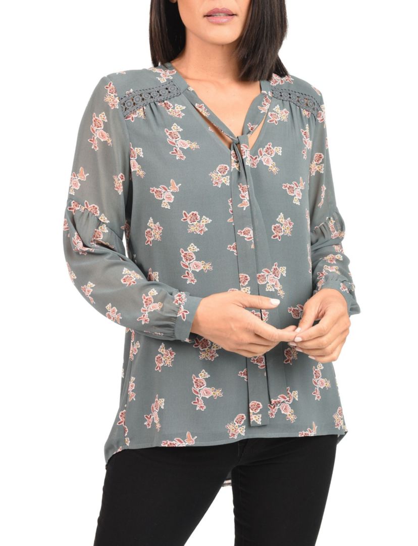Long Sleeve Top Blouse with Bow-Tie Neck