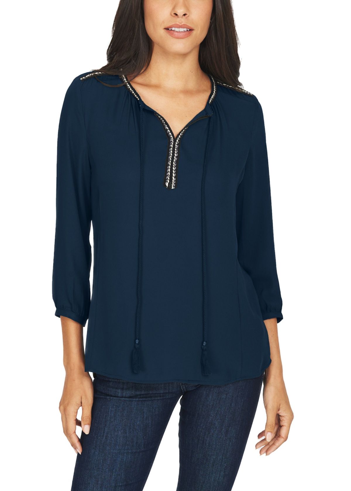 3/4 Sleeve Top with Split Neck and Tassels