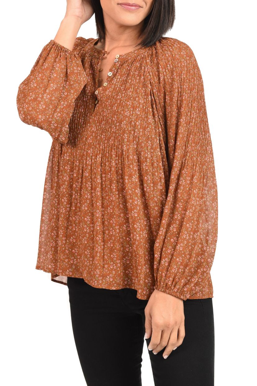 Shirred Blouse with Gathered Long Sleeves