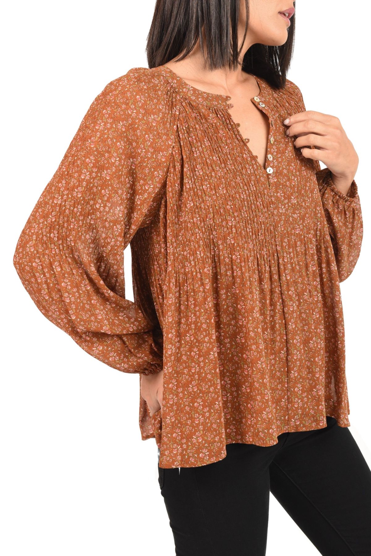 Shirred Blouse with Gathered Long Sleeves