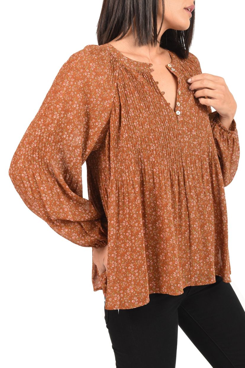 Shirred Blouse with Gathered Long Sleeves