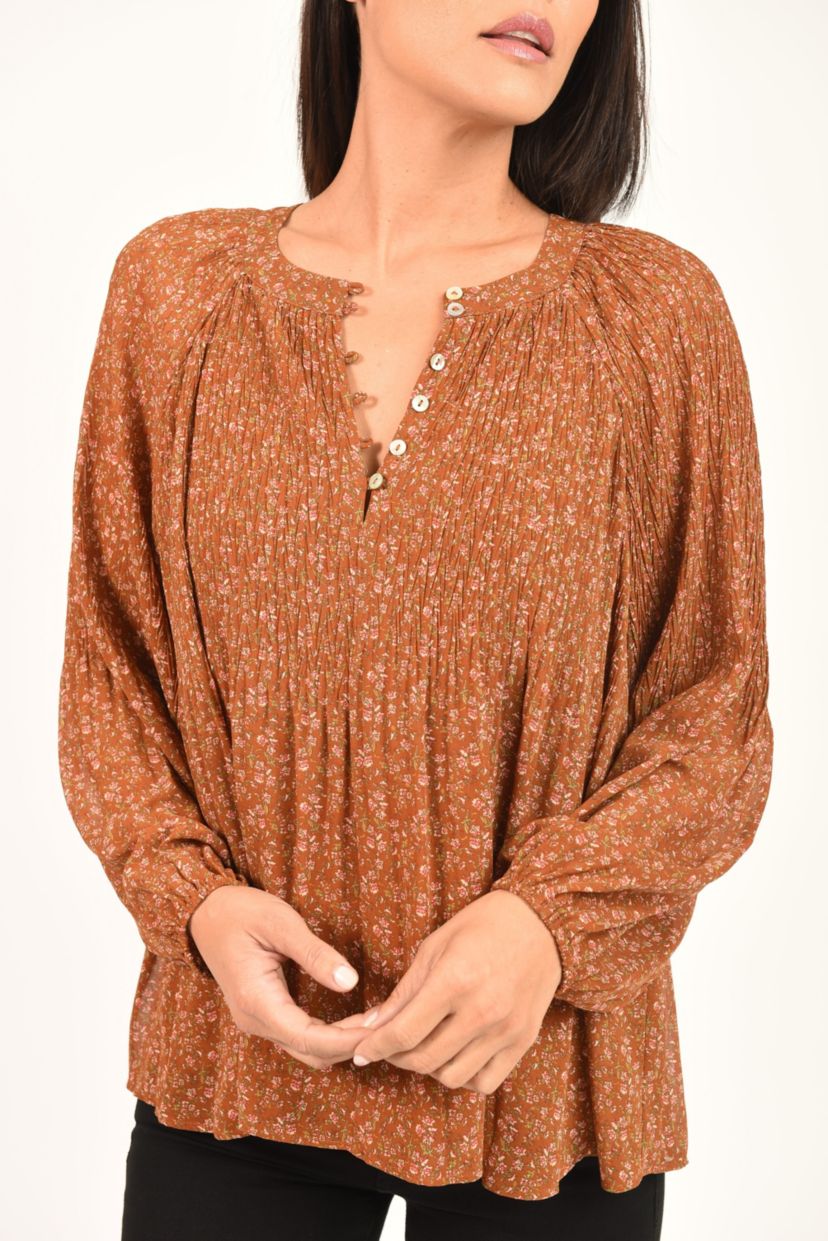 Shirred Blouse with Gathered Long Sleeves