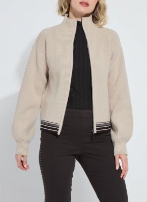 Lysse New York Women's Blythe Zip Up Cozy Rib Sweater, Beige, Medium