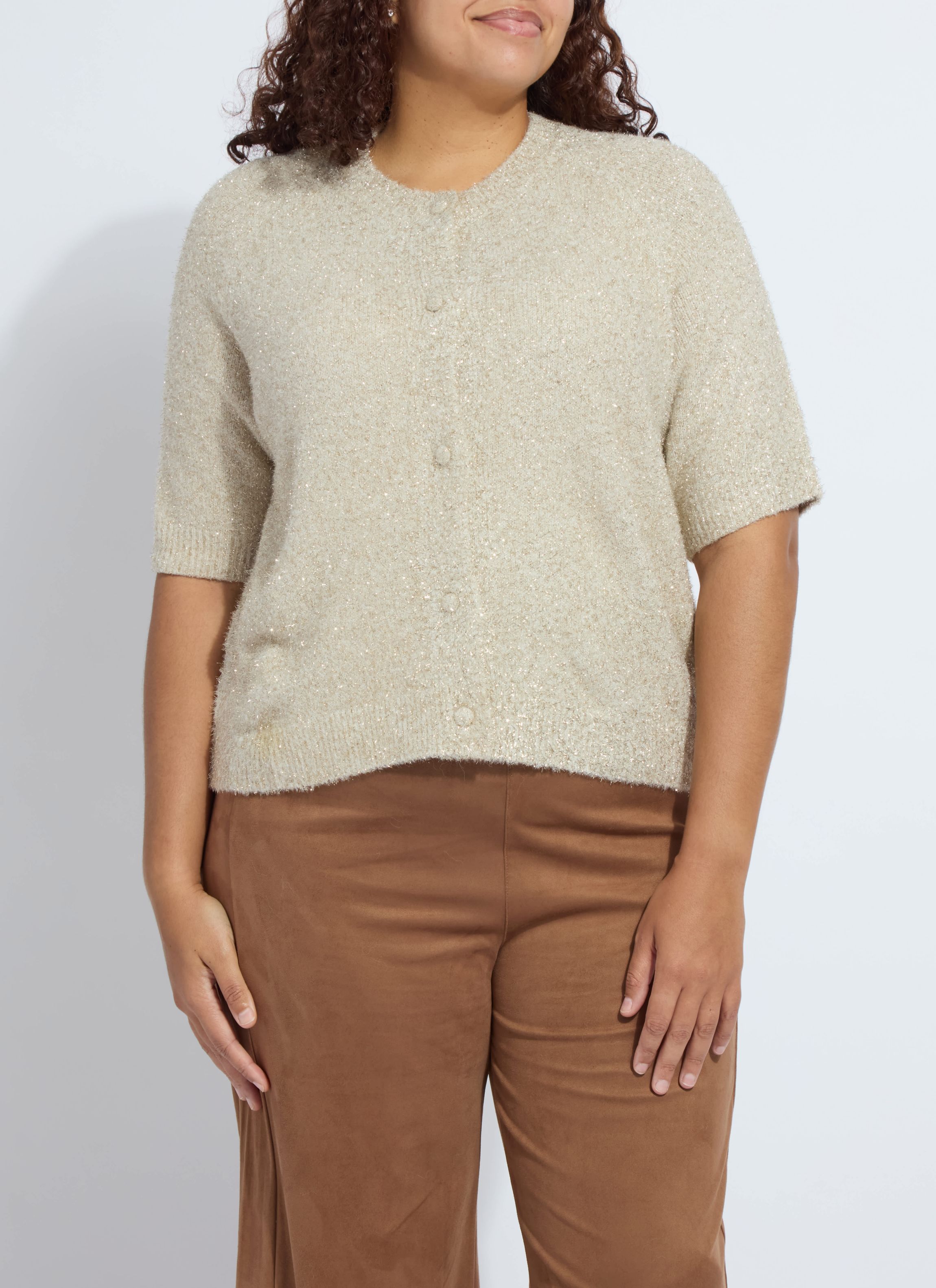 Kennedy Short Slv Lurex Feather Cardigan Curvy
