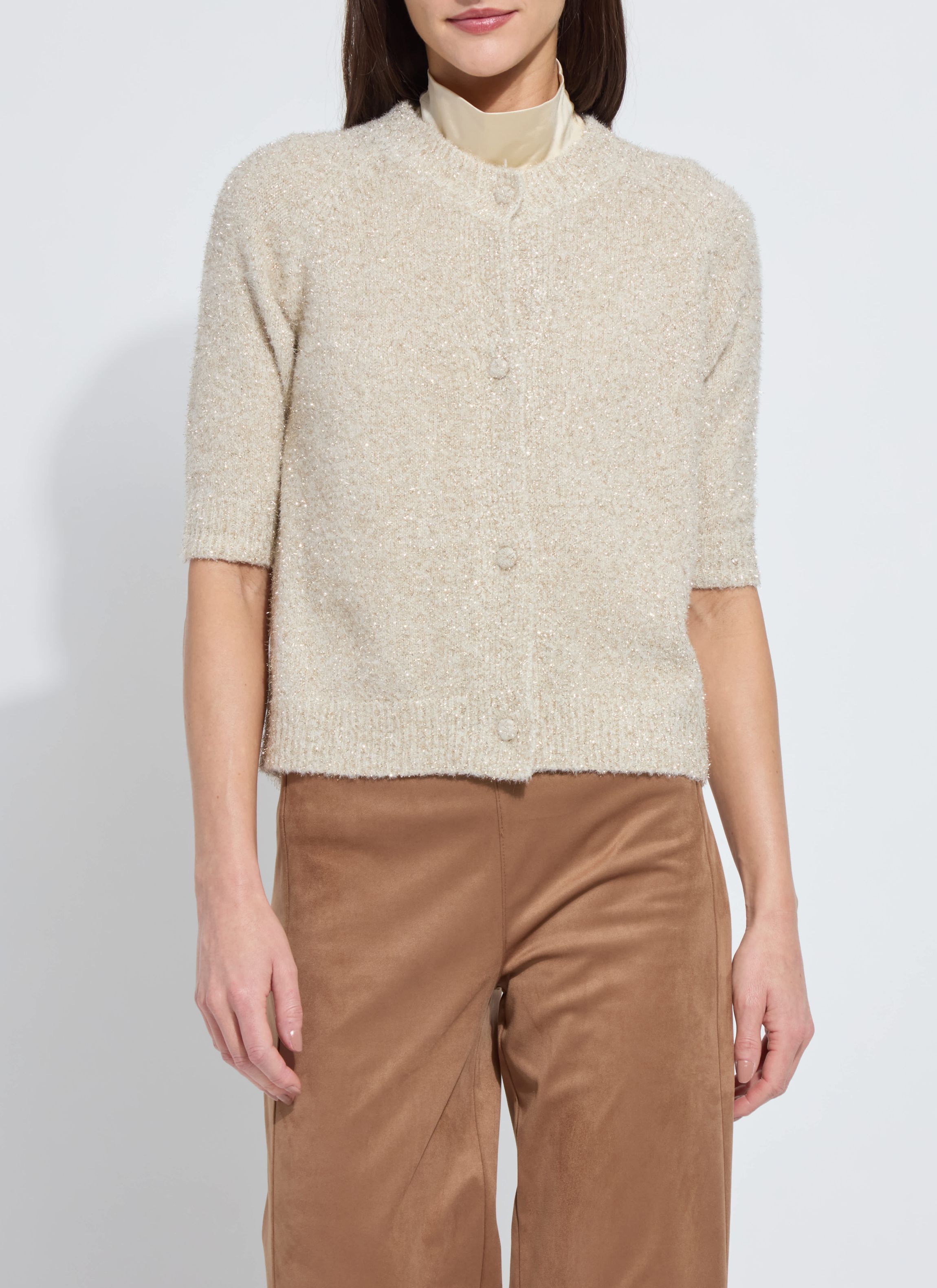 Kennedy Short Slv Lurex Feather Cardigan
