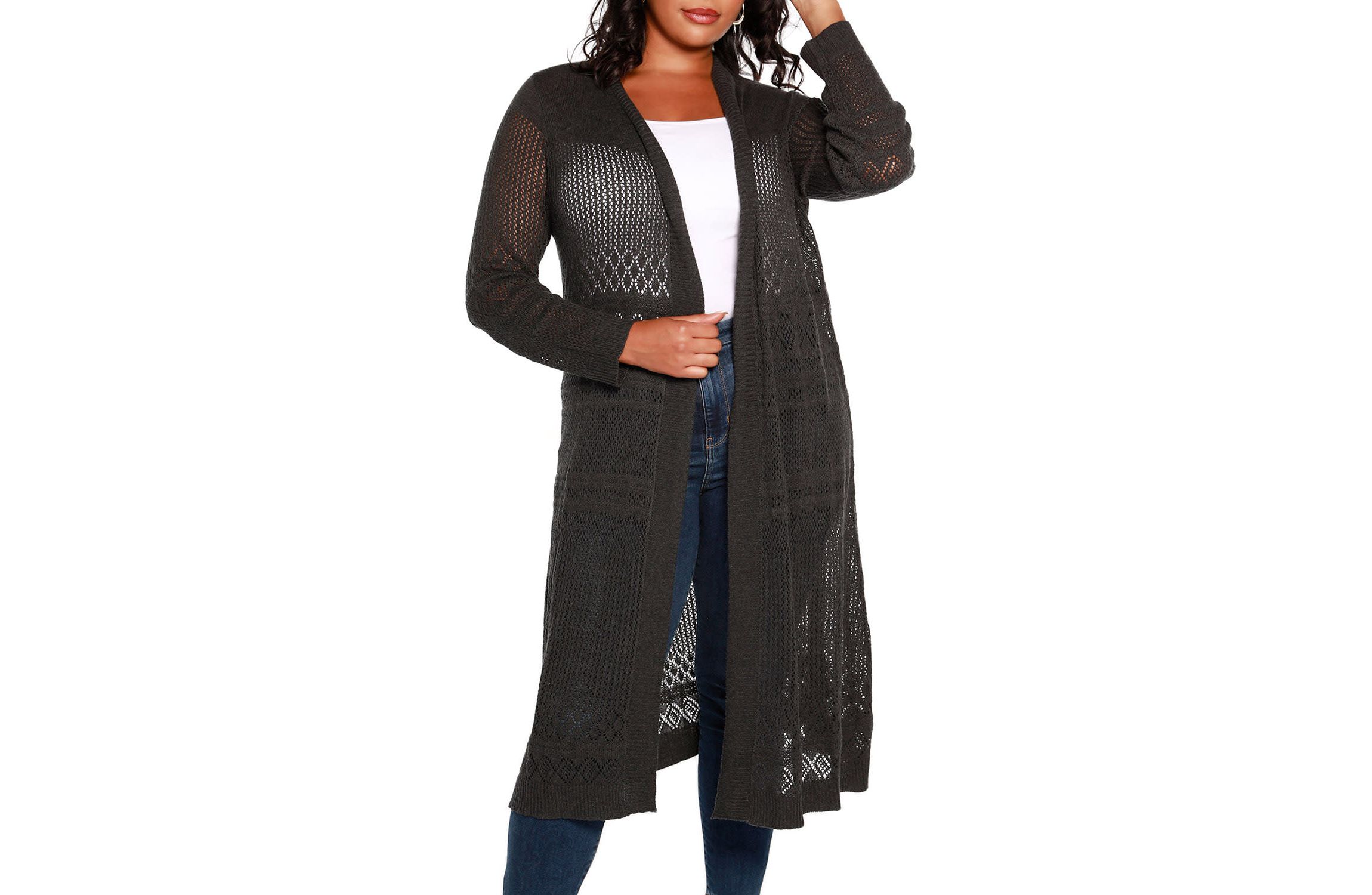 Plus Size Pointelle-Stitch Duster Cardigan